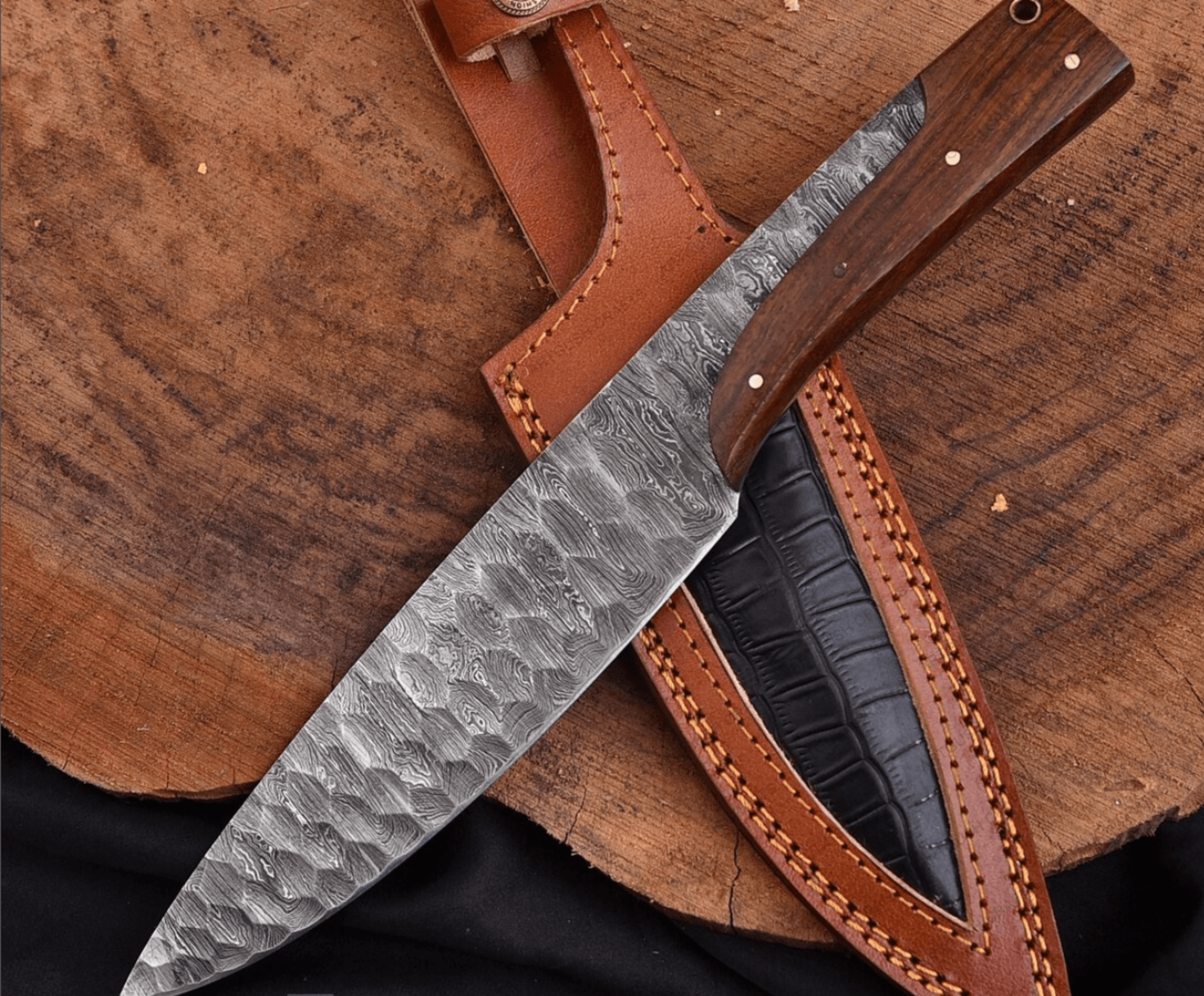 12" ridged damascus steel bowie knife | handmade hunting & camping knife + leather sheath | outdoor gift for him & groom