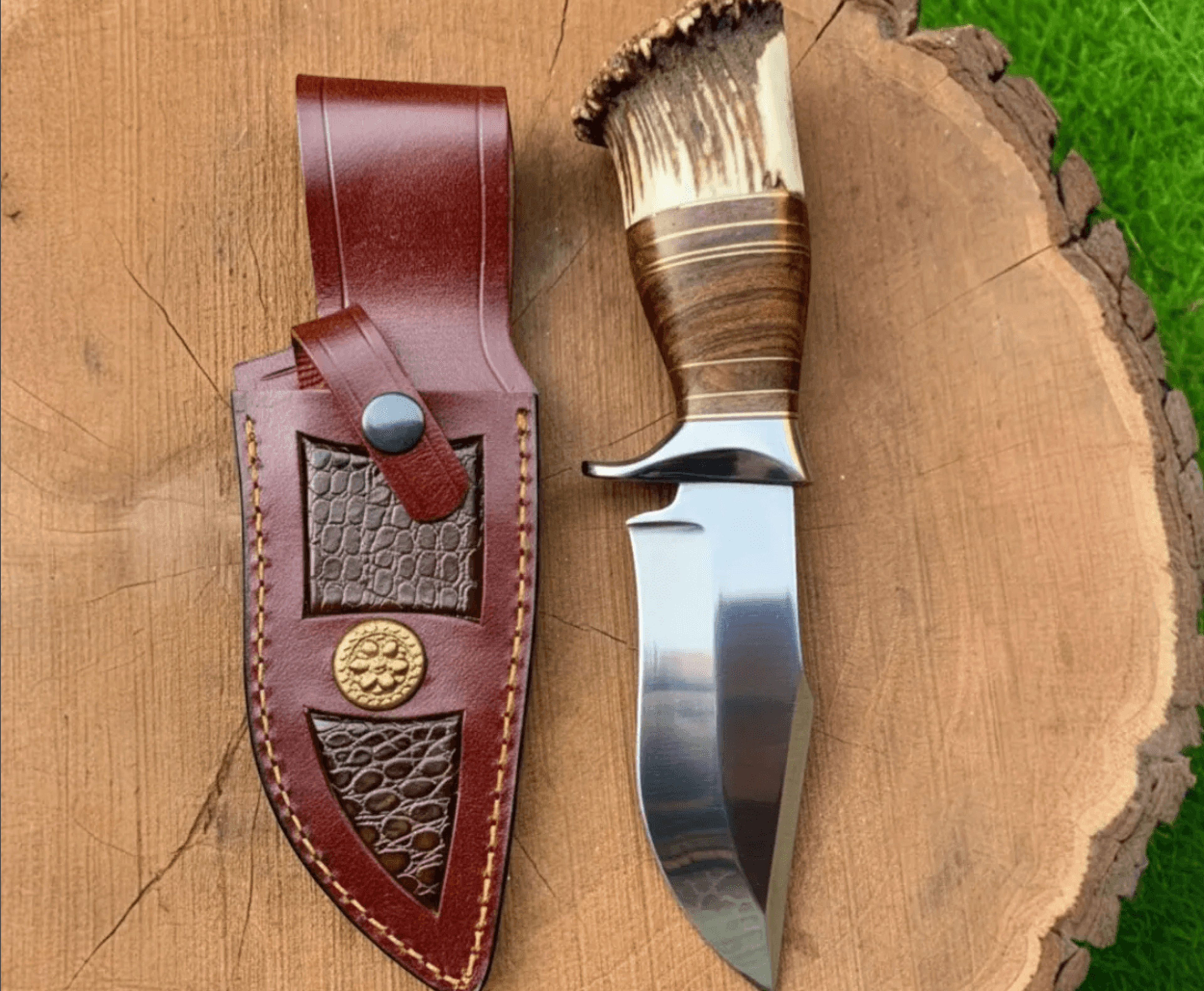 custom handmade stag antler crown hunting knife | 9" full tang clip point blade + leather sheath | outdoor survival gift