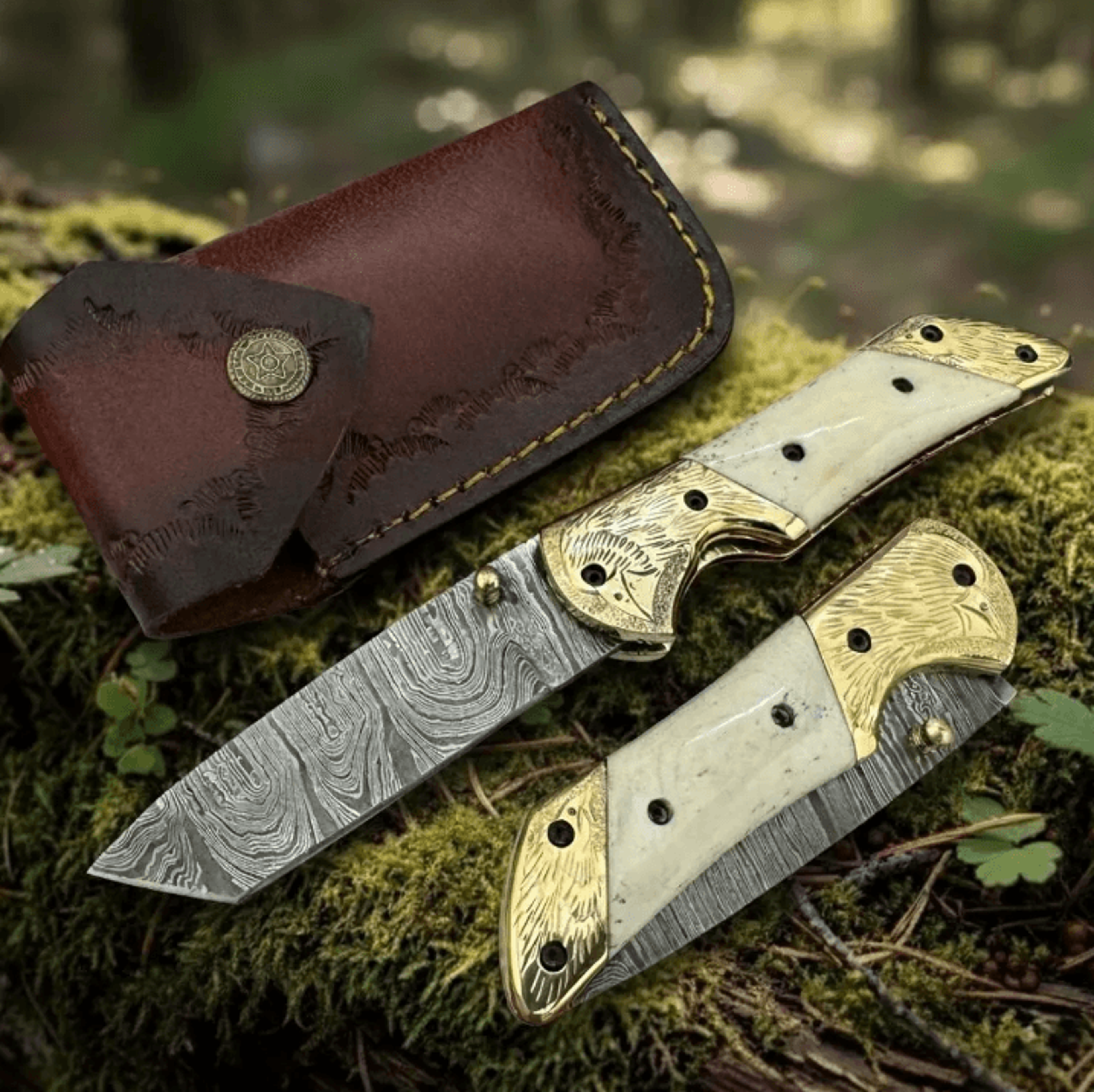8 handmade damascus steel folding knife with bone handle brass bolsters engraved eagle leather sheath