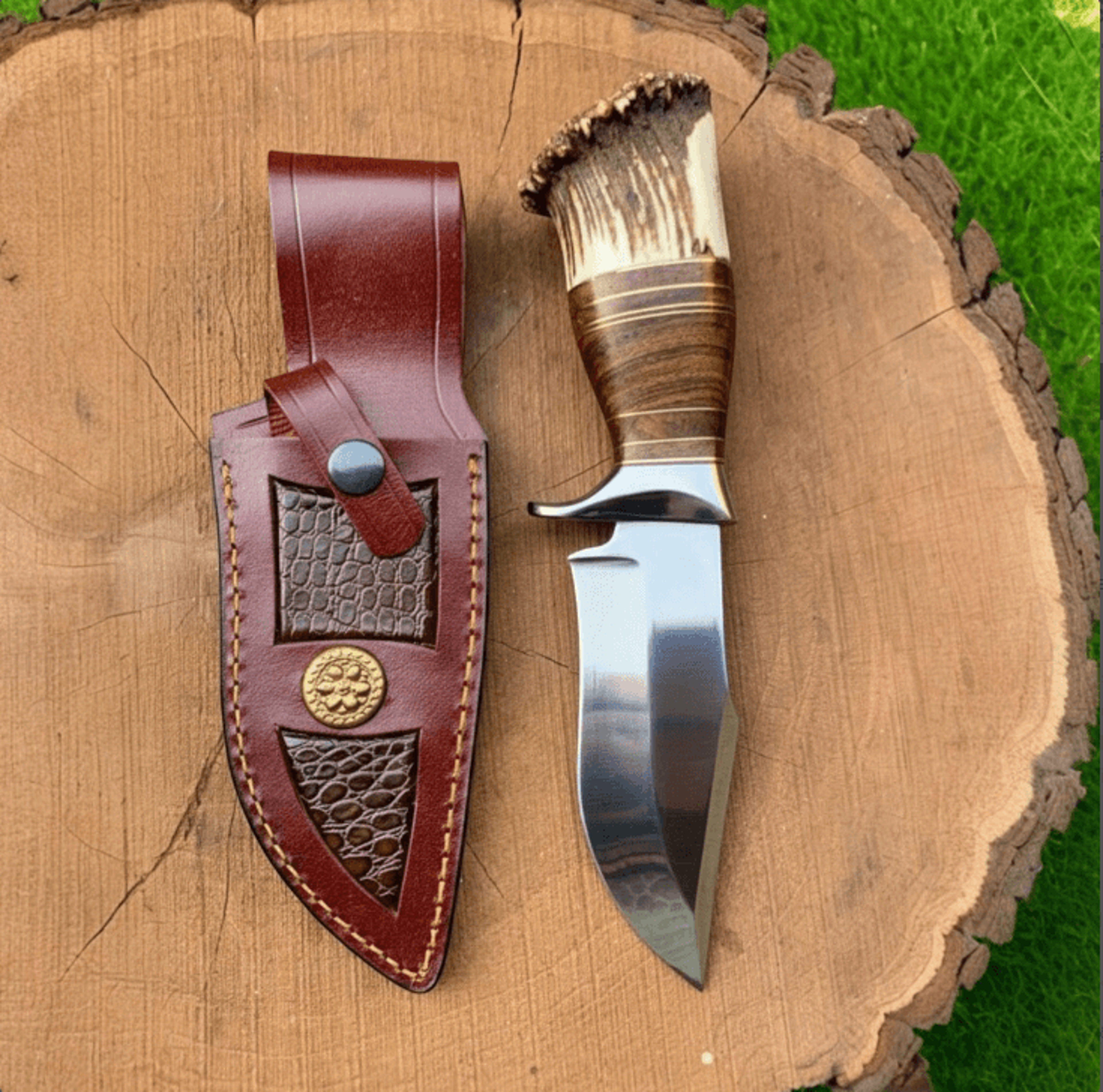 9 custom handmade d2 steel hunting knife with stag antler crown handle, full tang construction, and leather sheath