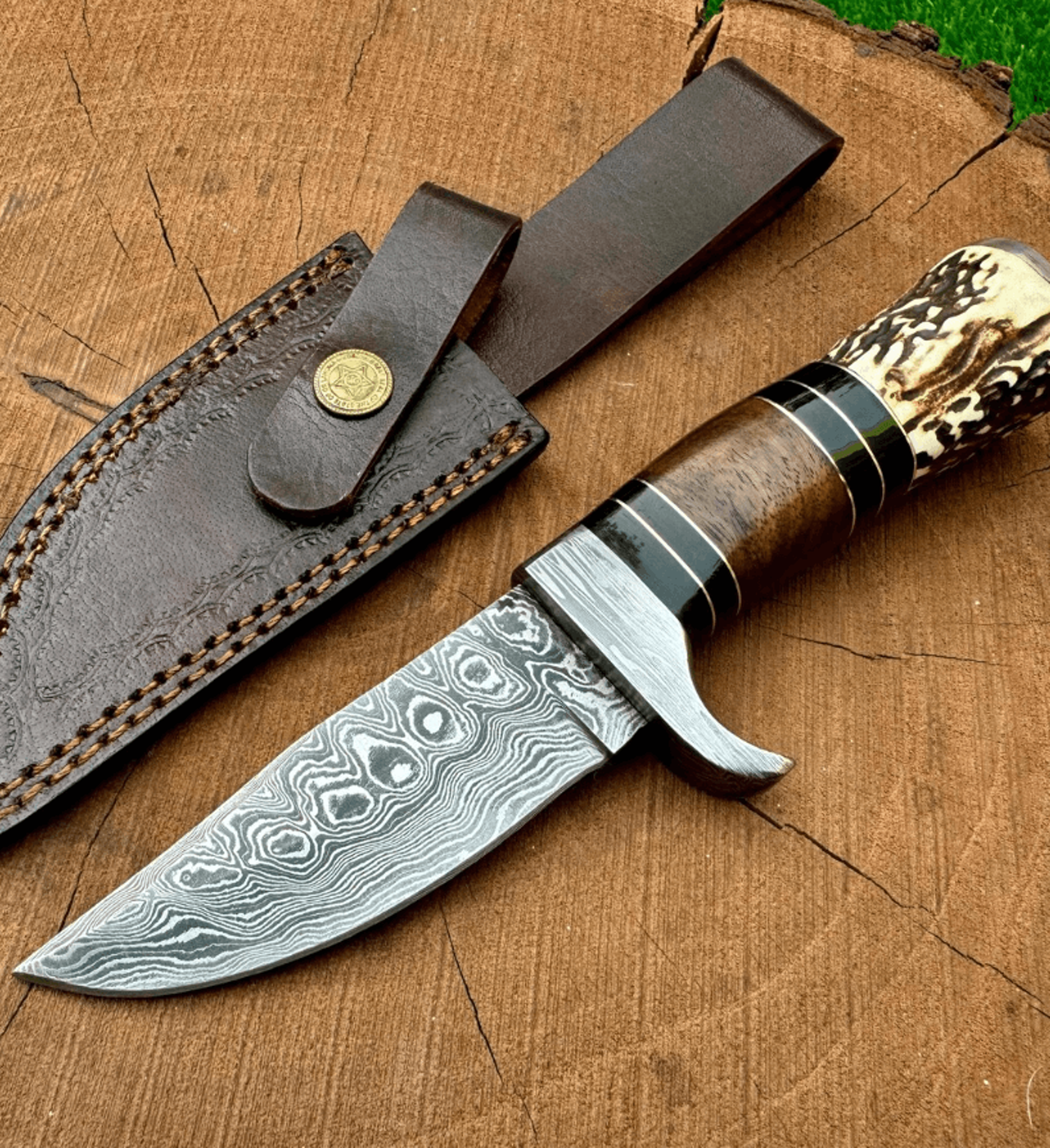 9 handmade damascus steel hunting knife with stag antler rosewood handle leather sheath