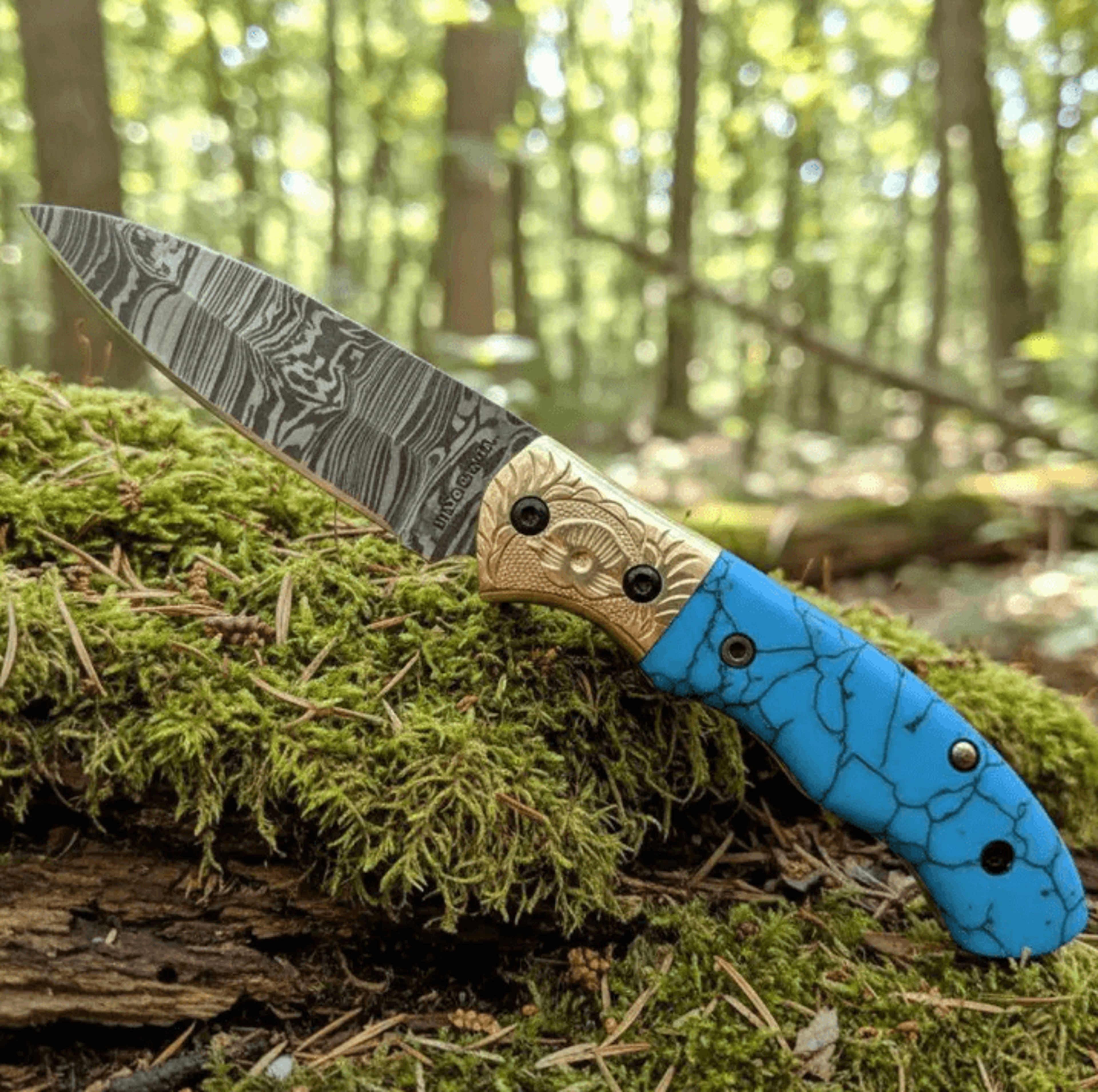 7.5 custom damascus folding knife set with blue turquoise handle brass engraved bolster leather sheath