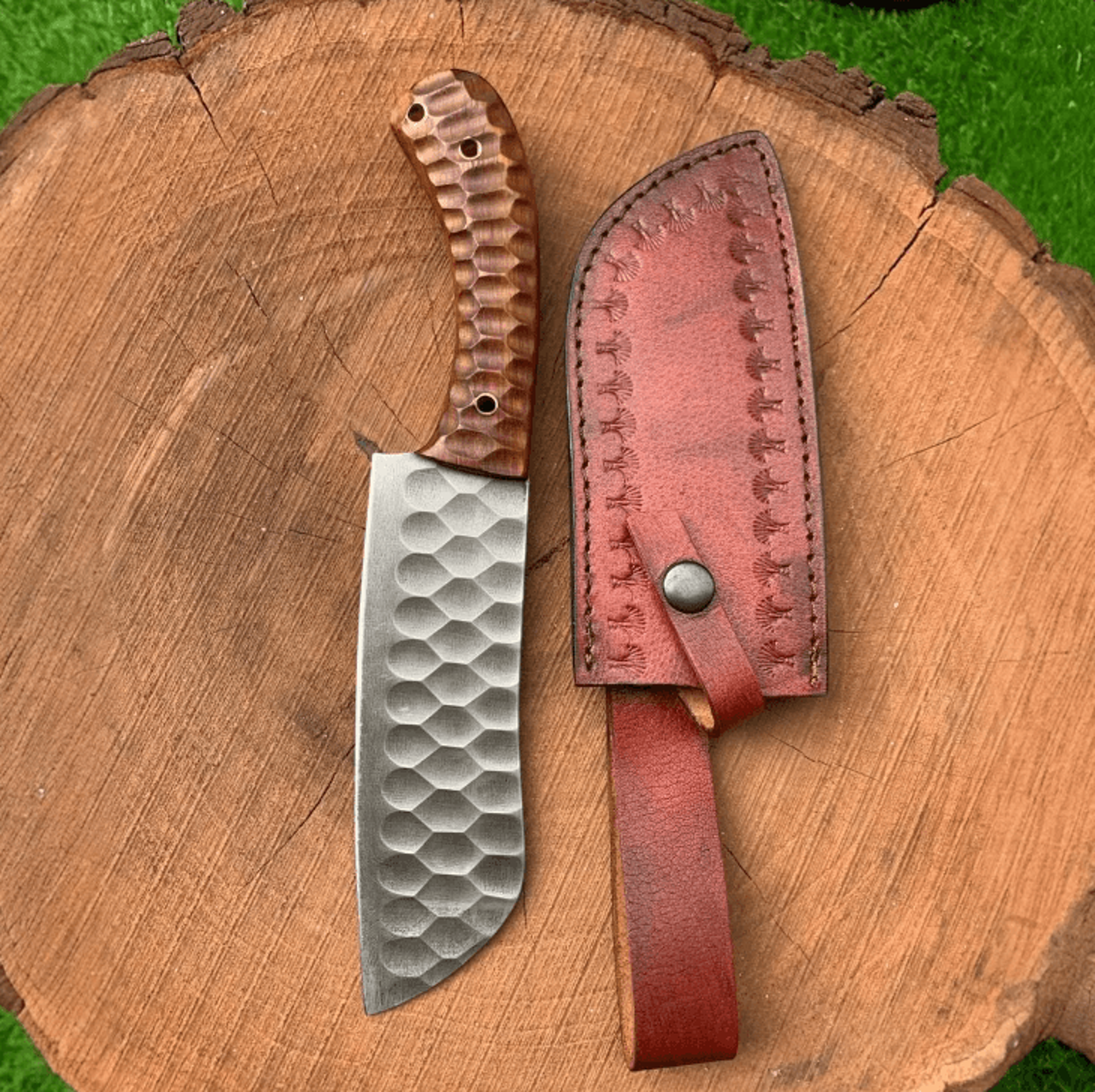 12 handmade carbon steel chef knife with hammered finish sculpted wooden handle leather sheath