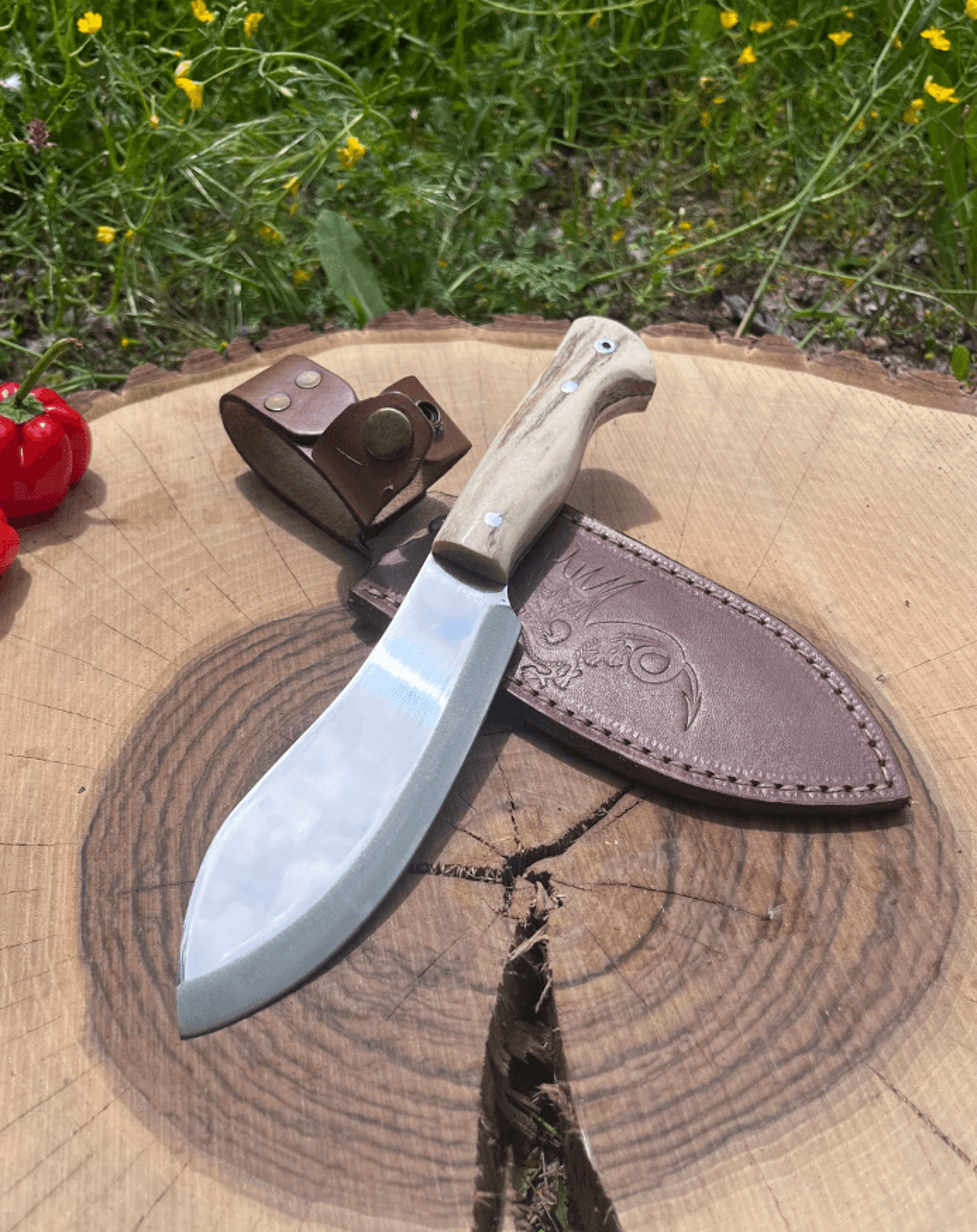 9.8 inch personalized deer horn nessmuk hunting knife with engraved full tang 4034 stainless steel leather sheath