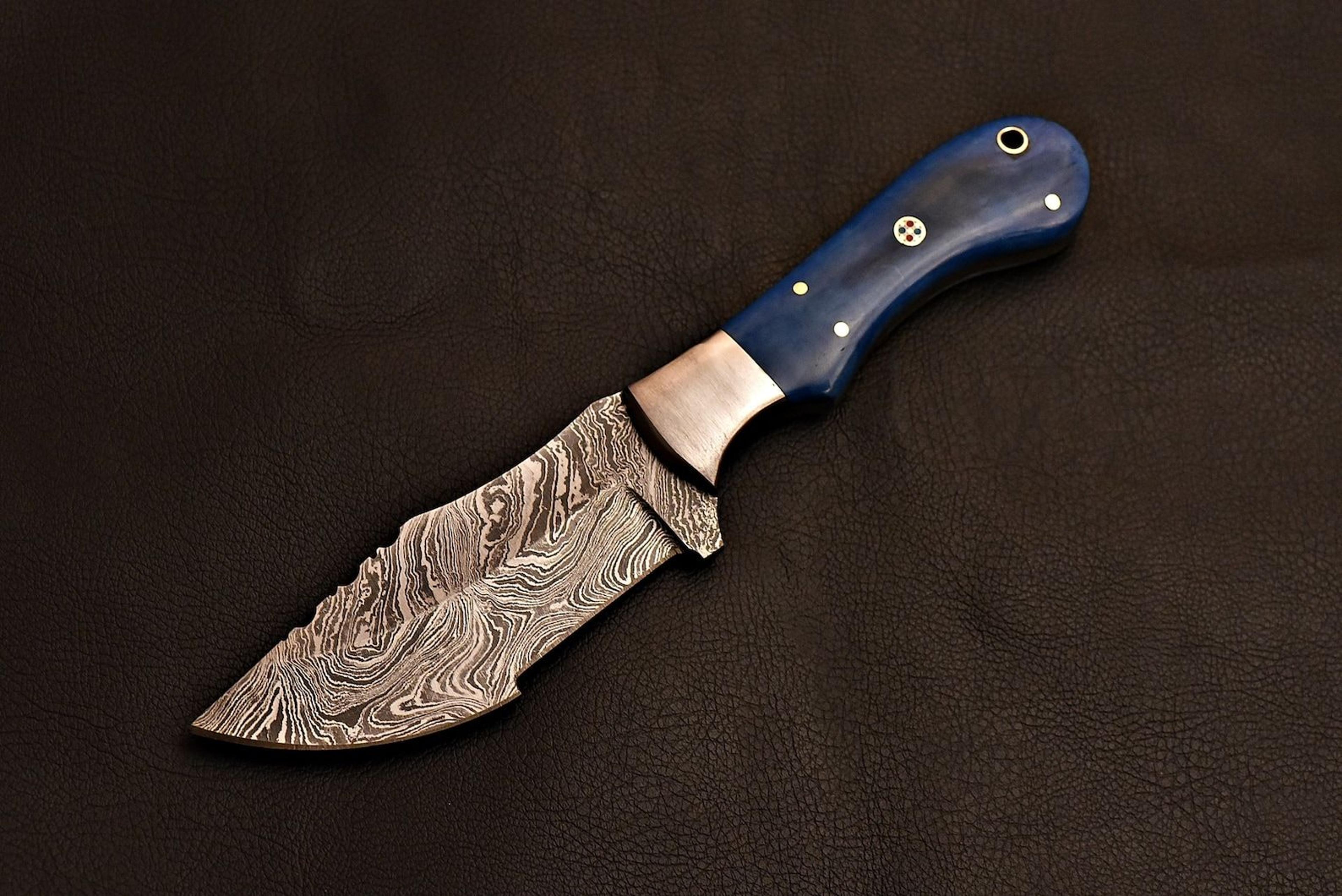 handmade damascus steel tracker knife | fixed blade with leather sheath | decorative fantasy blade