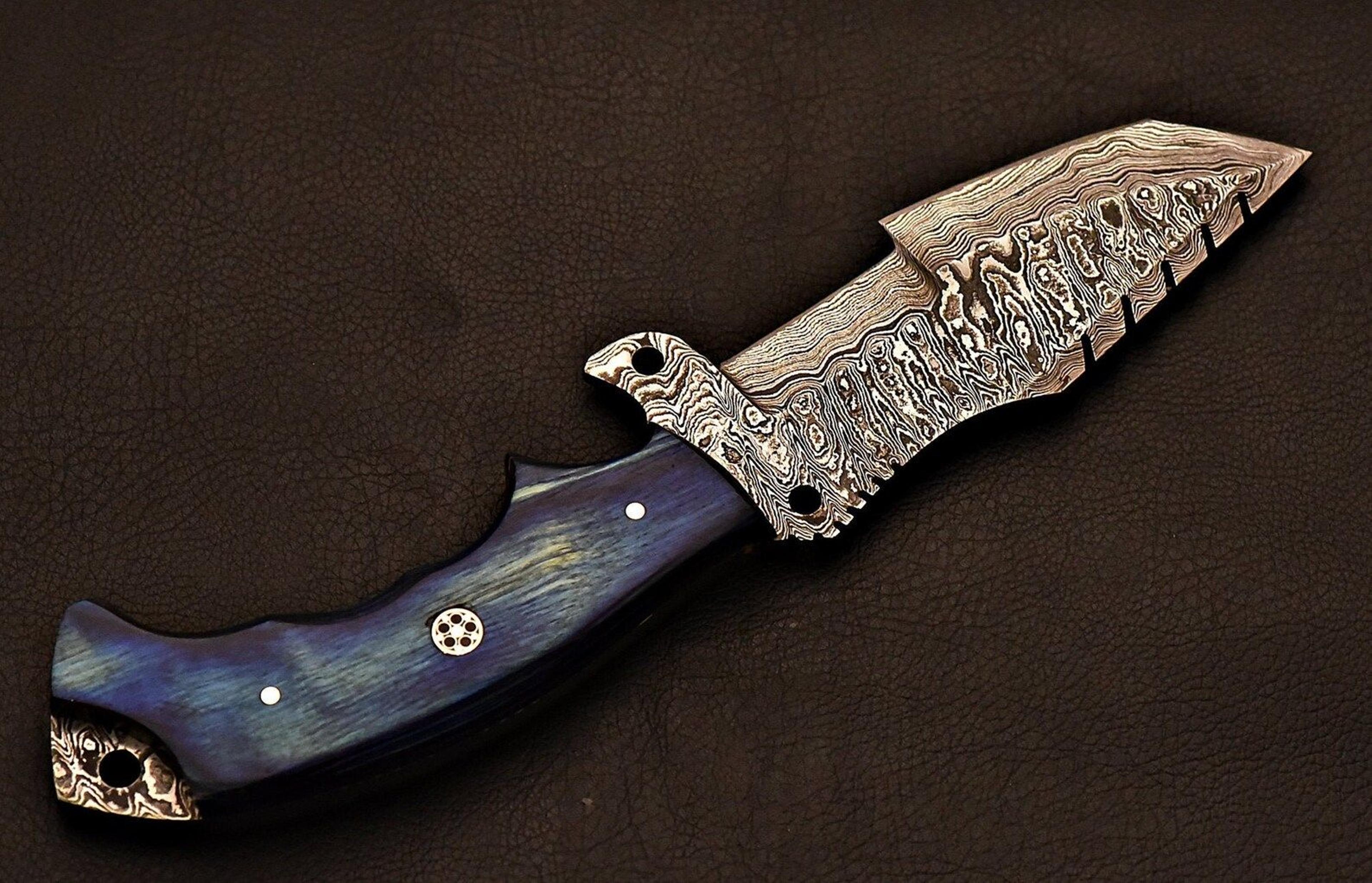 premium damascus steel field knife | handcrafted blue wood handle
