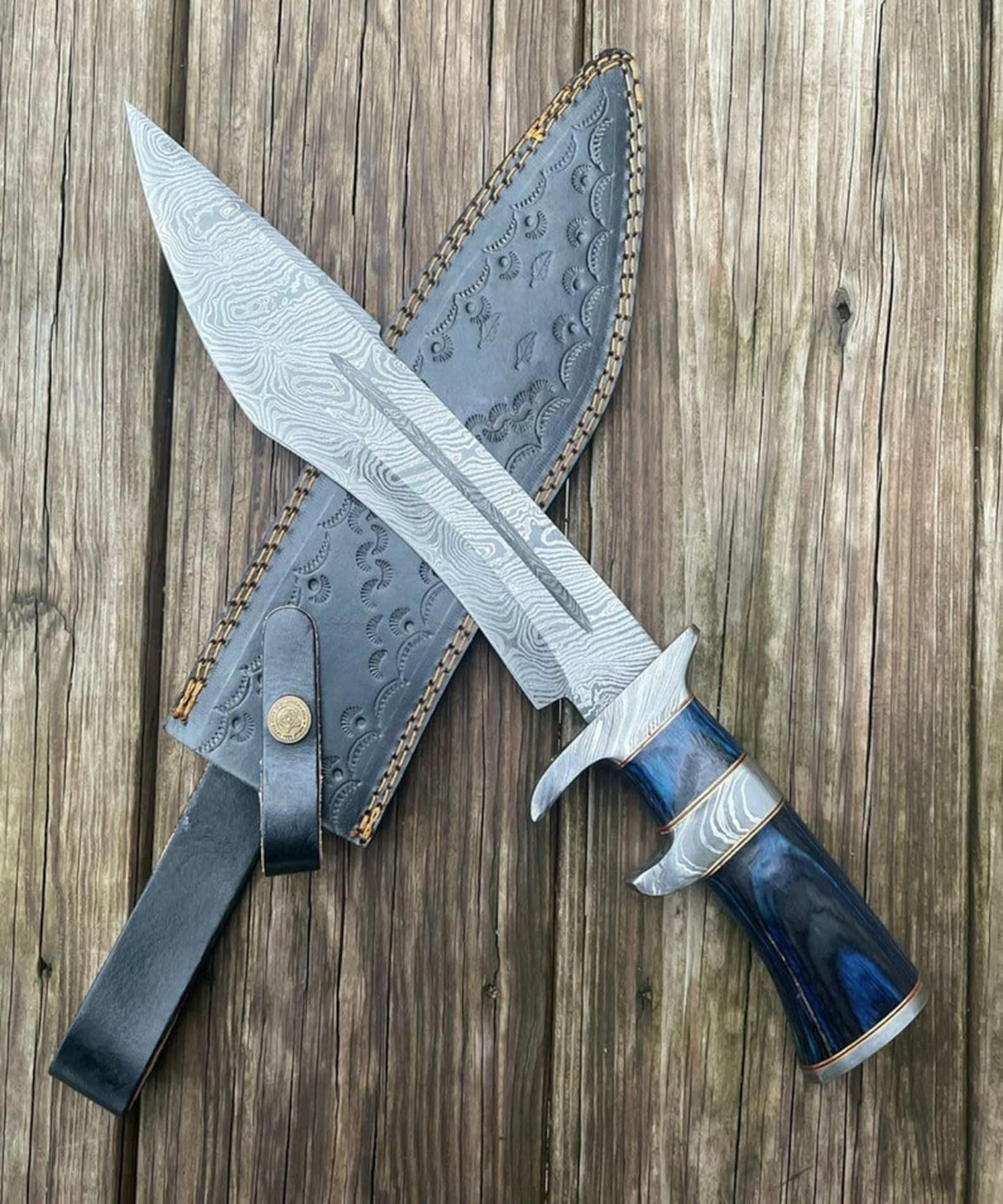 handmade damascus bowie knife with blue resin & wood handle, leather sheath | fixed blade hunting survival knife | gift