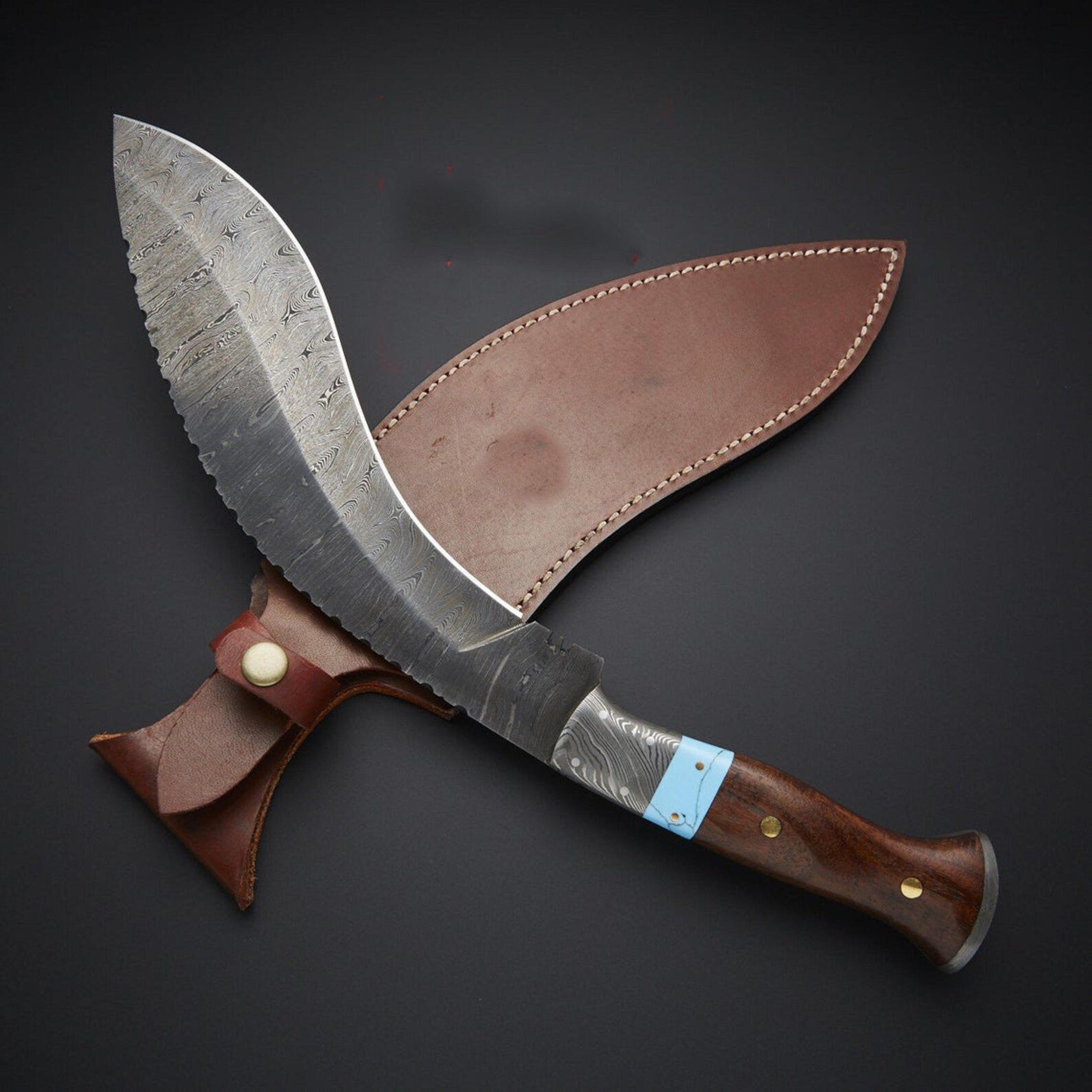handmade damascus kukri knife with walnut wood handle & leather sheath | fixed blade survival hunting knife | unique gif