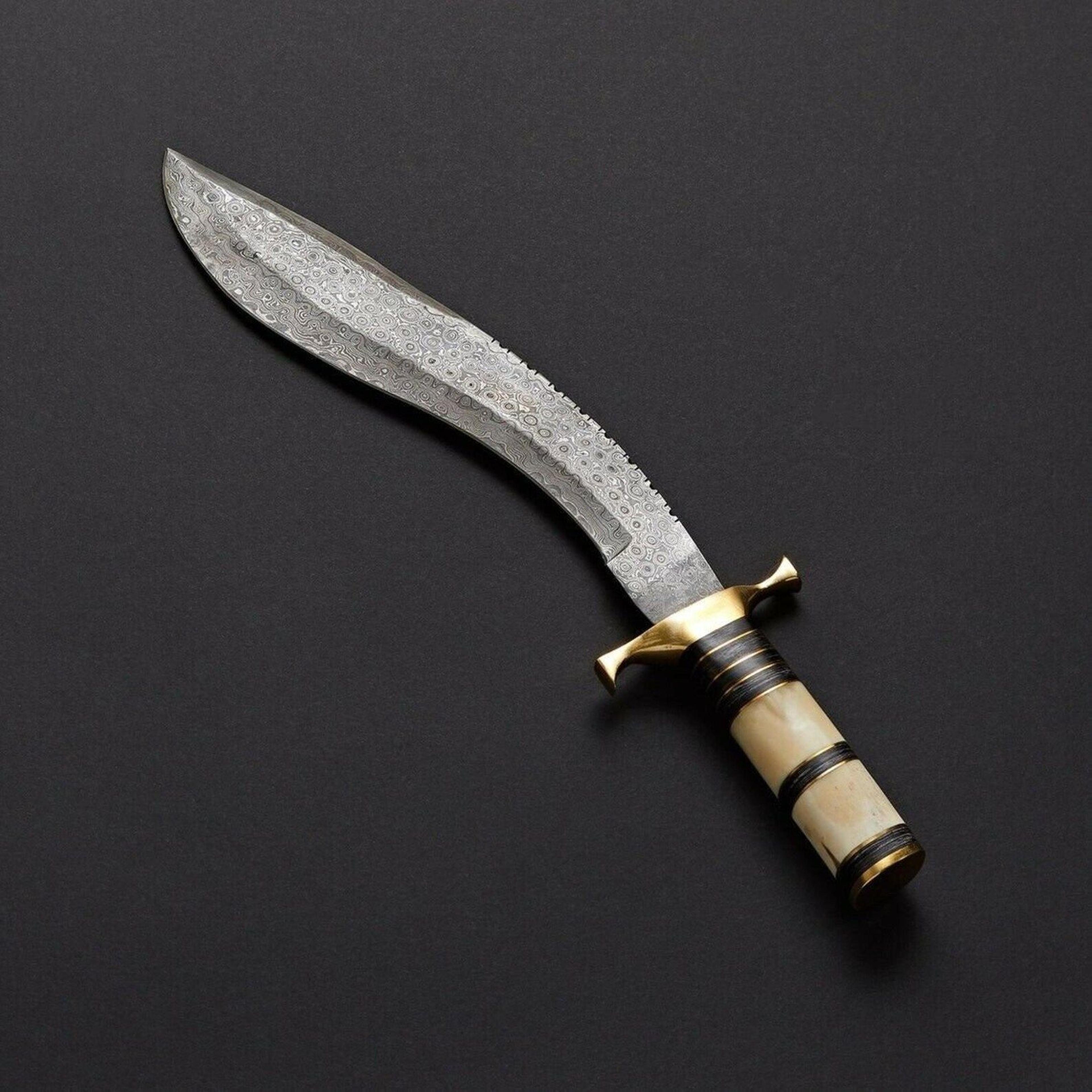 handmade damascus kukri knife with bone handle & leather sheath | fixed blade hunting survival knife | unique gift for h