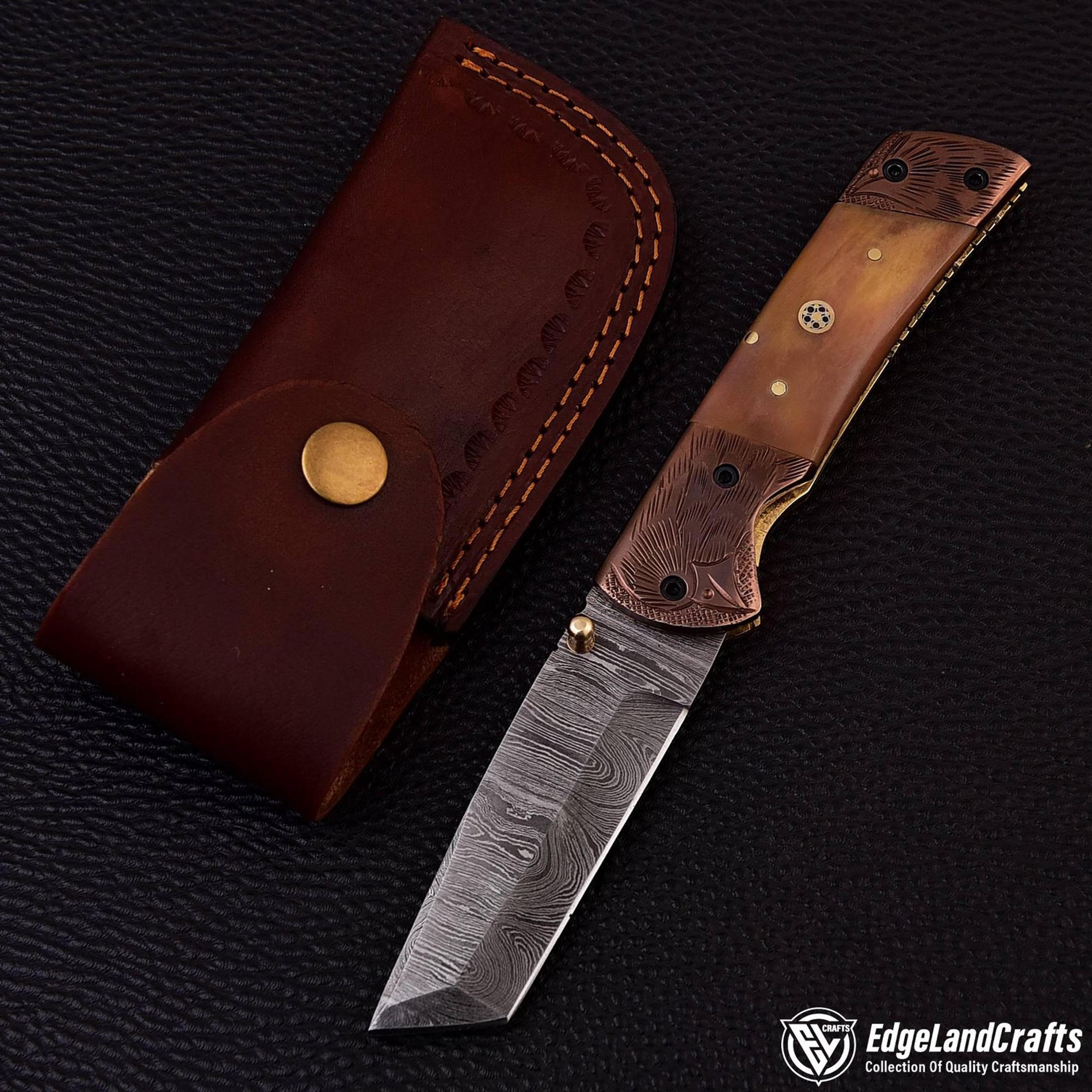 handmade damascus steel tanto pocket knife with camel bone handle leather sheath perfect gift