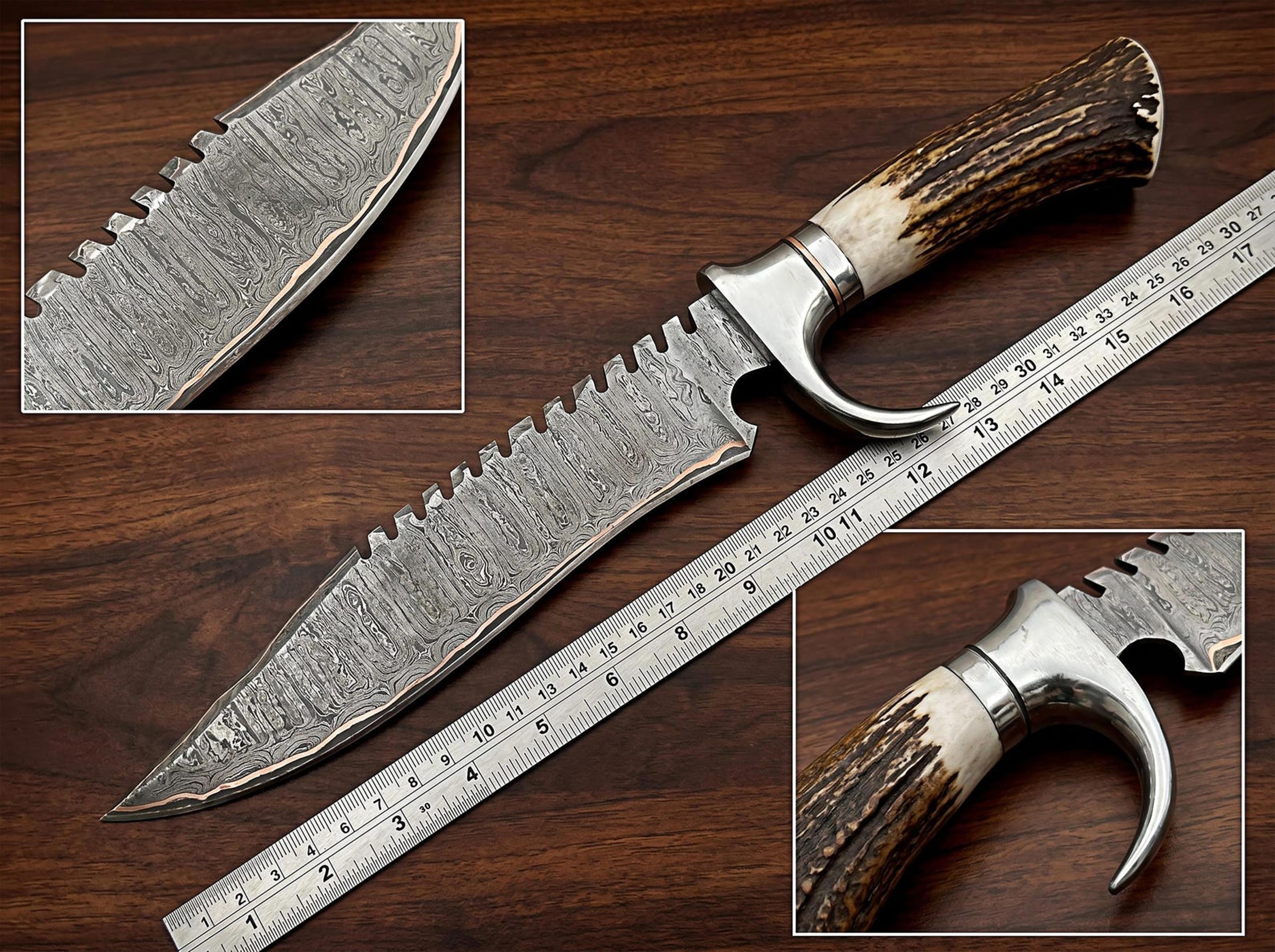 high-quality copper damascus hunter knife with stag handle and handmade leather sheath