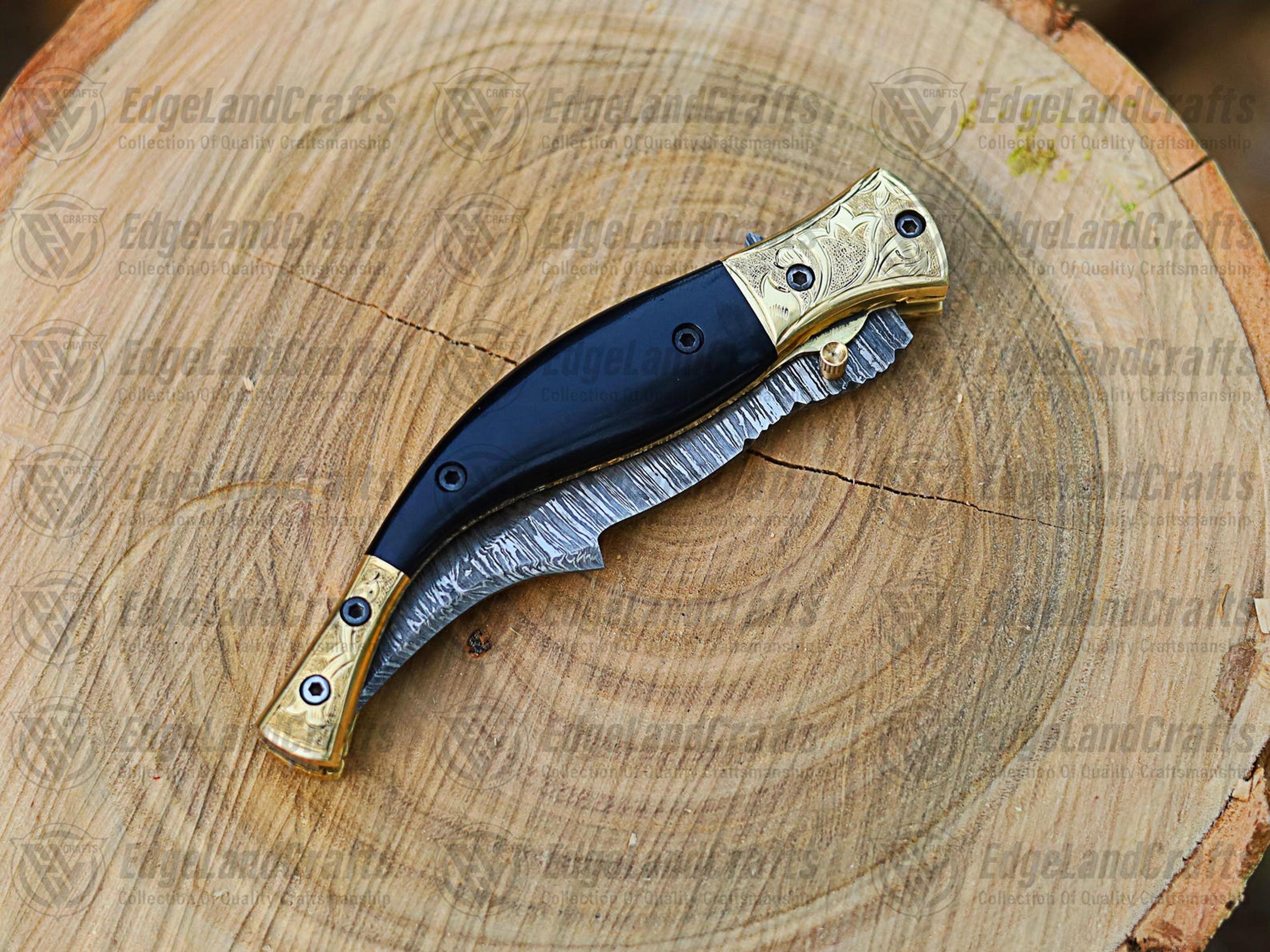 handmade damascus steel folding knife with black horn & brass handle - perfect gift for outdoor