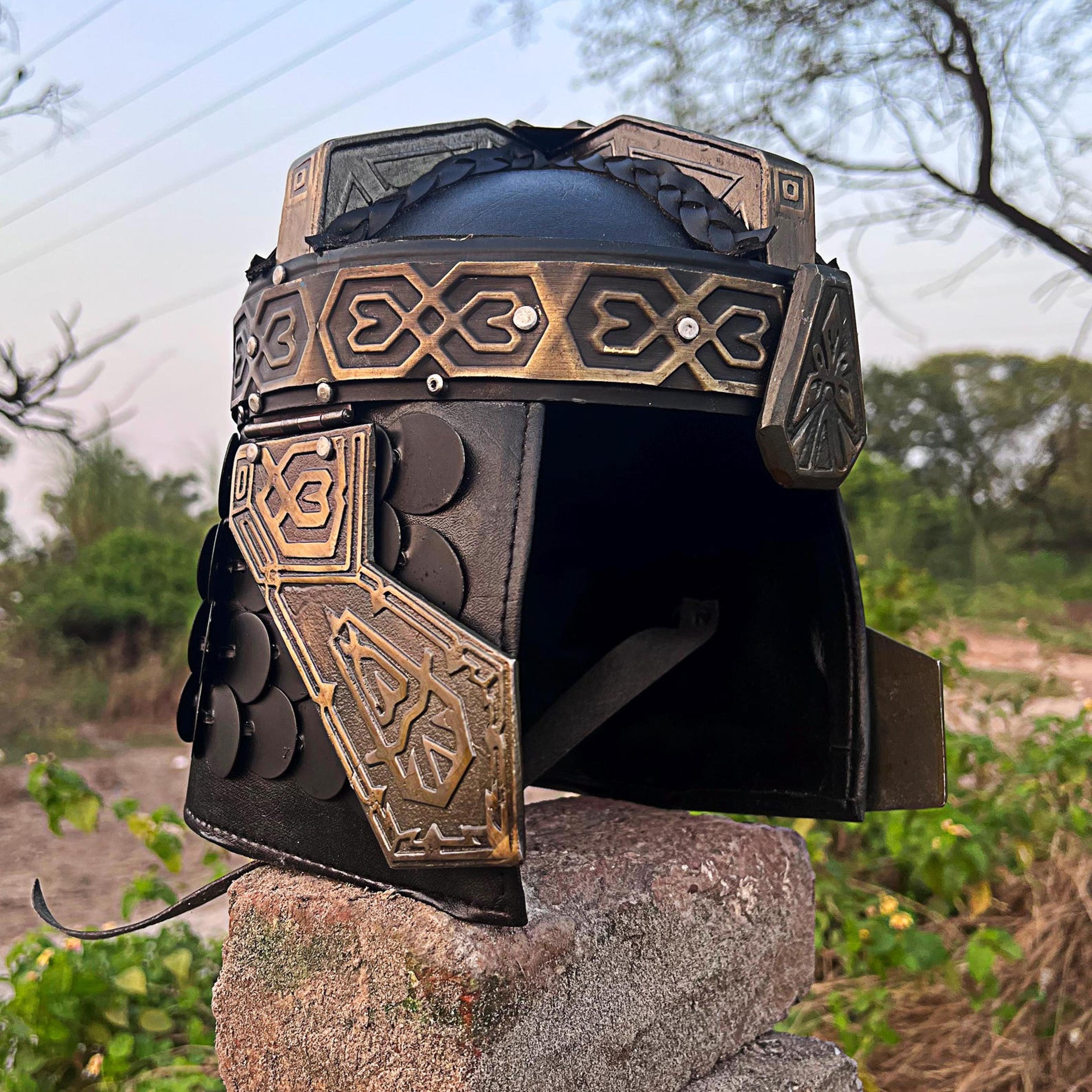 handcrafted medieval roman leather helmet with decorative brass accents – historical armor for collectors & renaissance