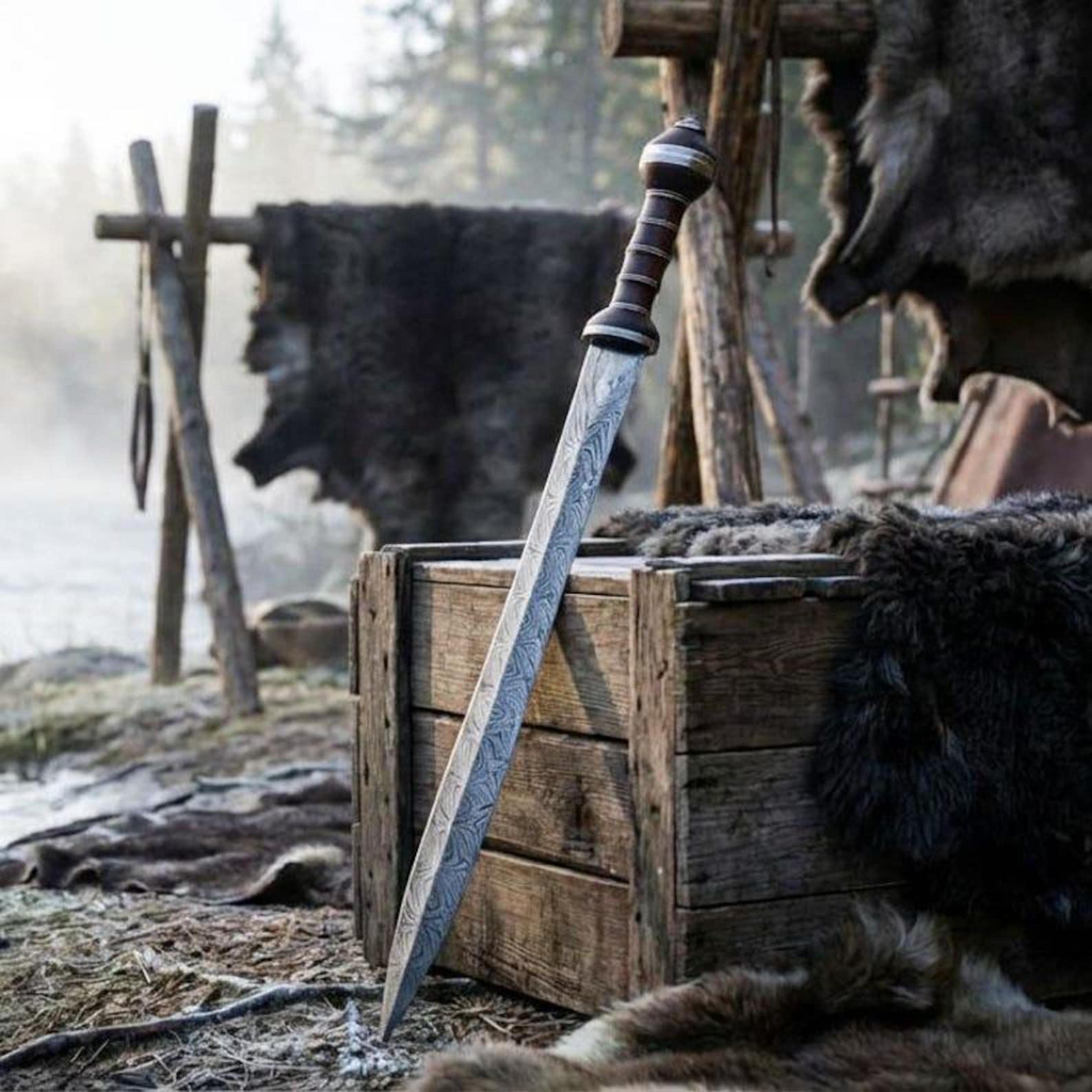 handcrafted damascus steel viking seax sword with hardwood handle, nordic collector blade & heritage display piece