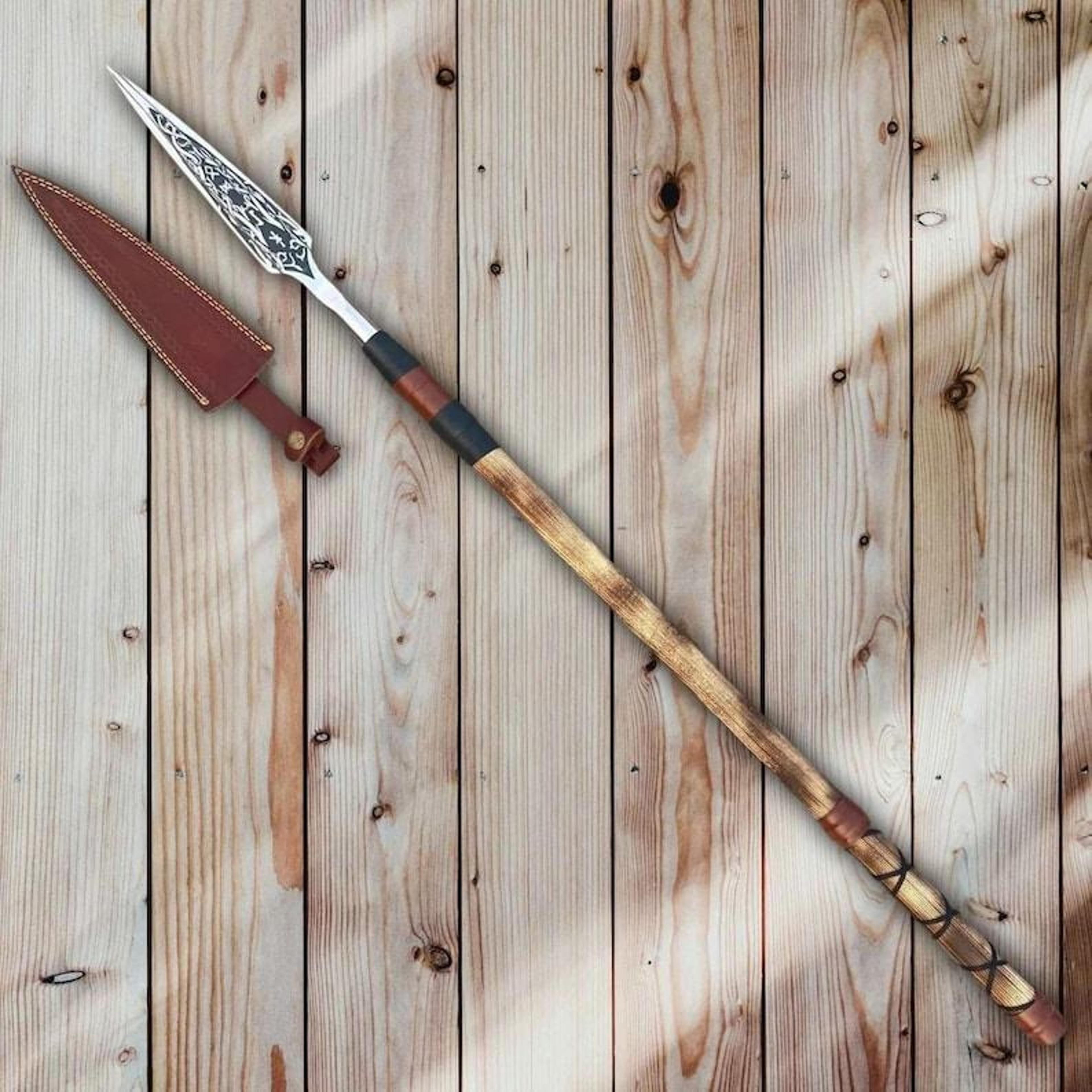 handcrafted medieval throwing spear with engraved steel spearhead, hardwood shaft & leather head cover