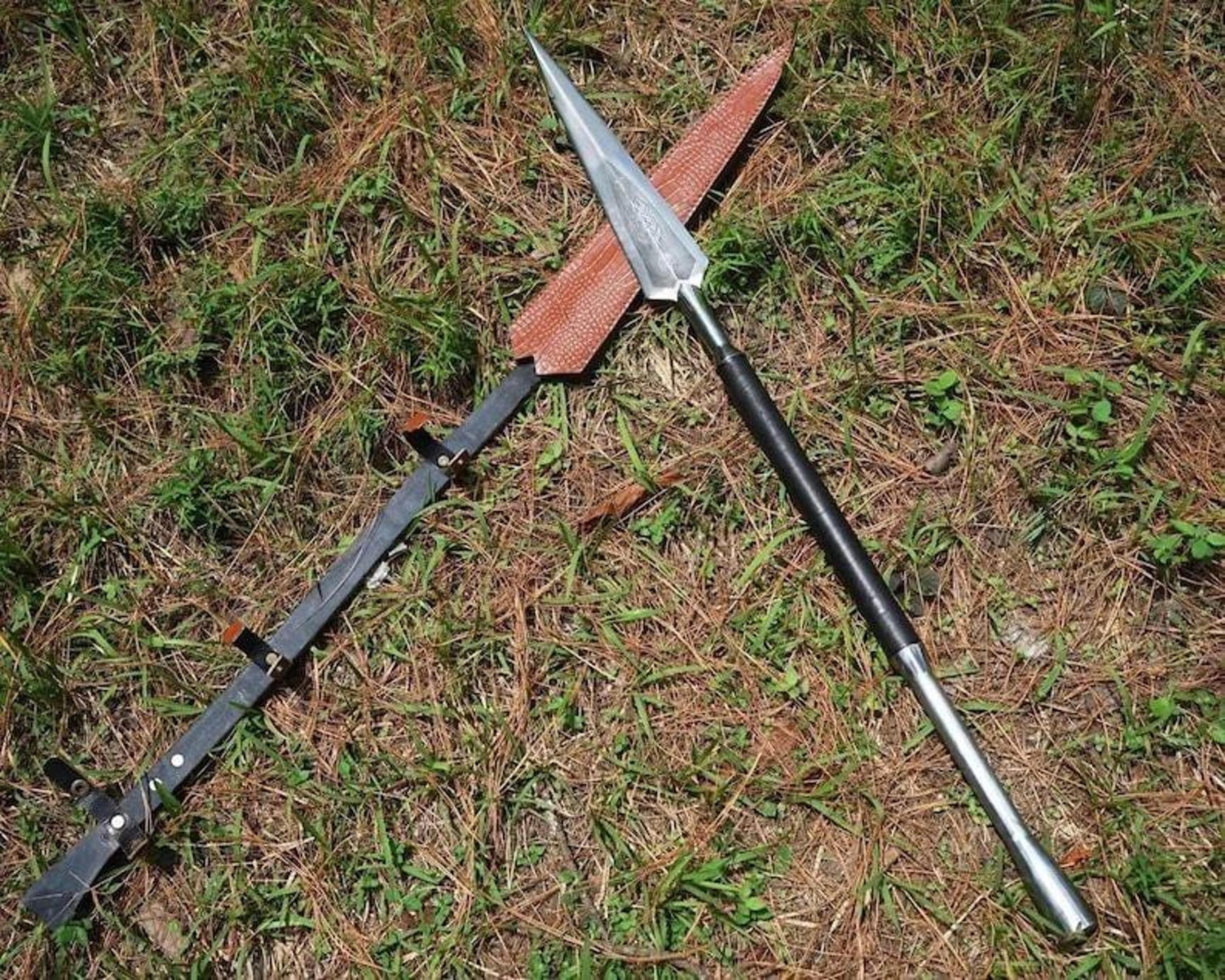 handcrafted medieval war spear with high carbon steel leaf blade, hardwood shaft & leather head cover