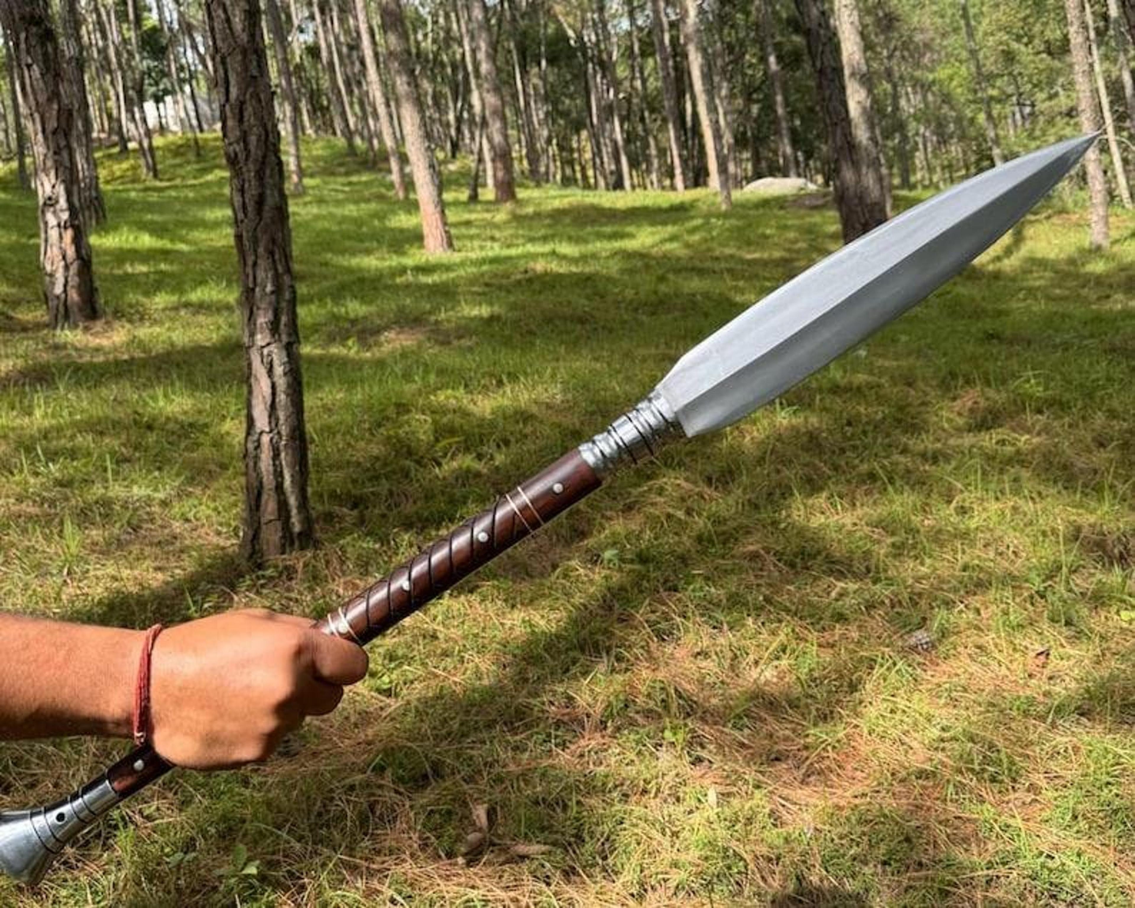 artisan forged high carbon steel broadhead spear with hardwood shaft & leather head guard for historical display