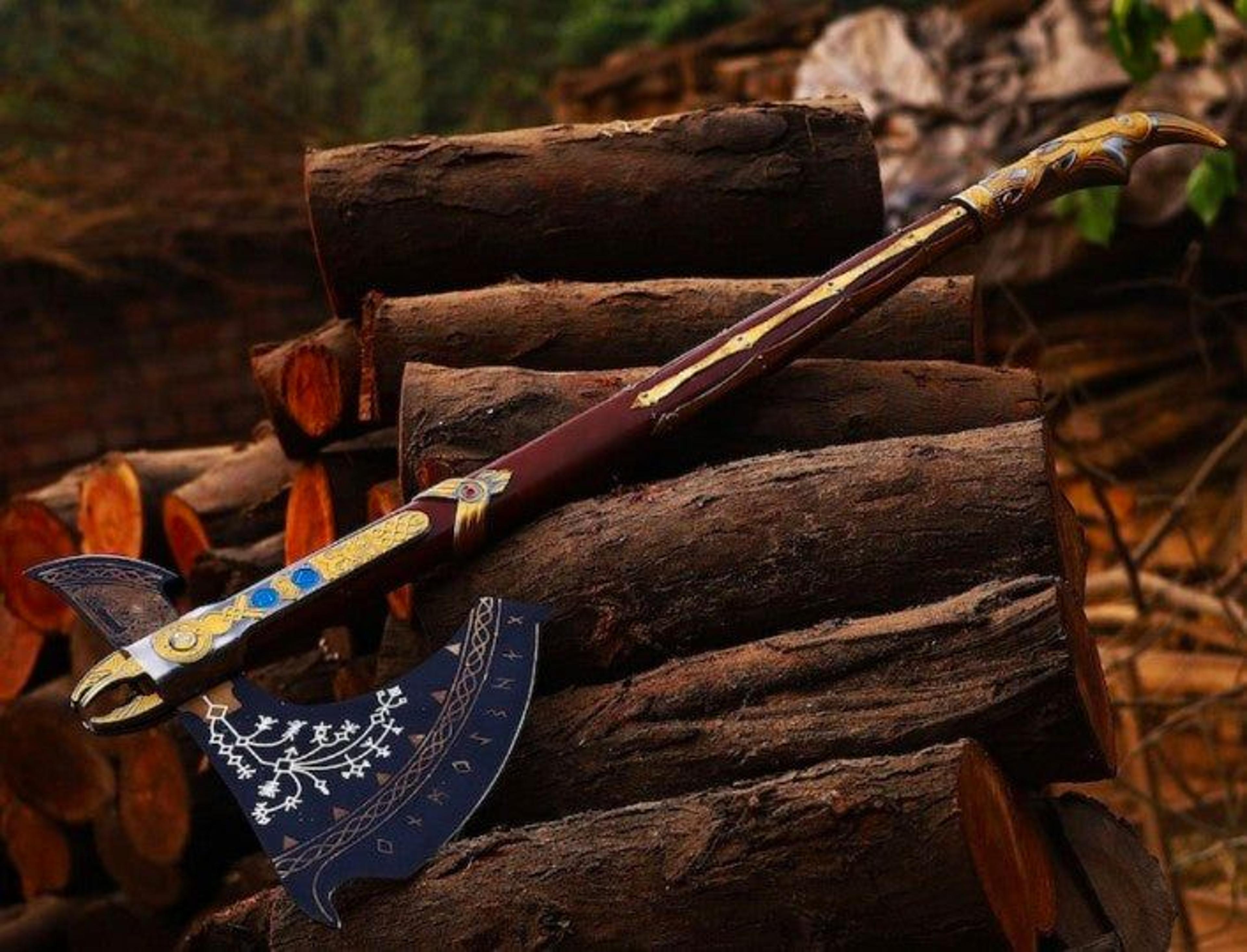 hand forged god of war leviathan axe replica – kratos norse battle axe with decorative wooden handle & display plaque