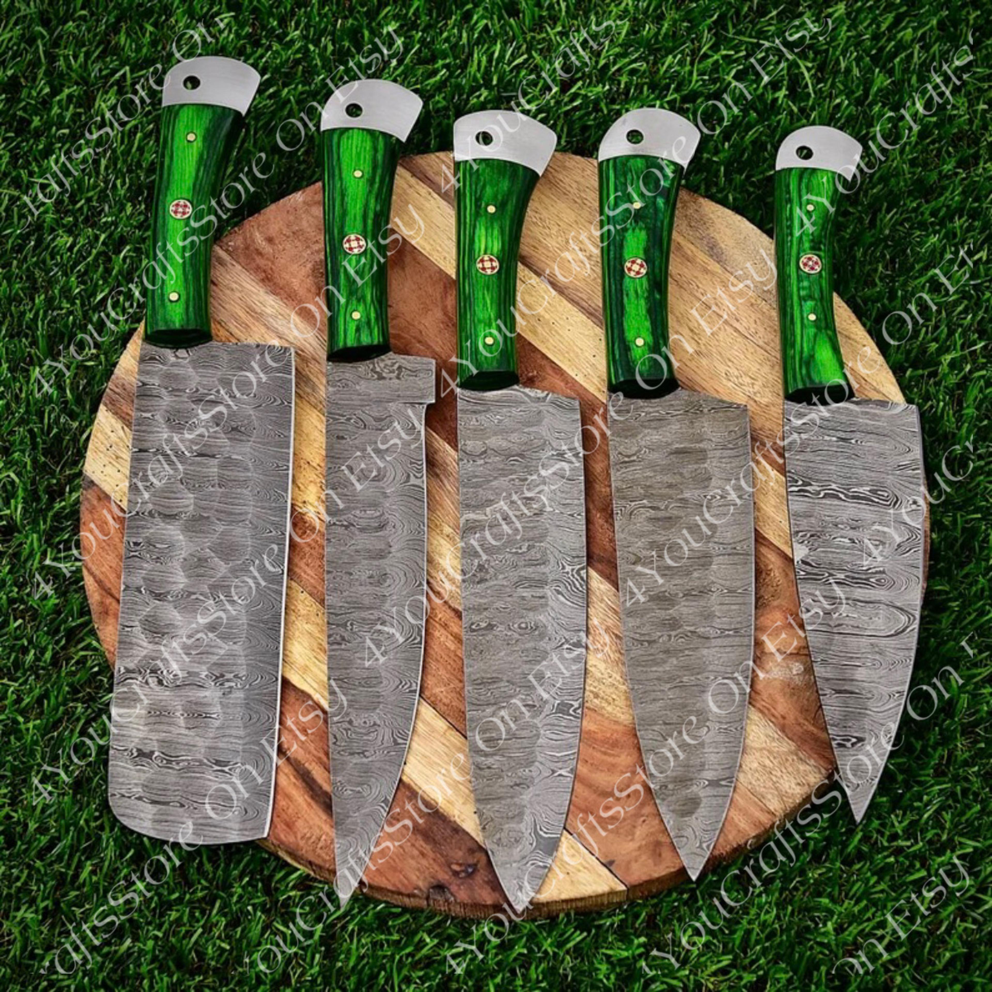 green colour chef / kitchen knives set , damascus steel chef knives set , best for gift and kitchen collection