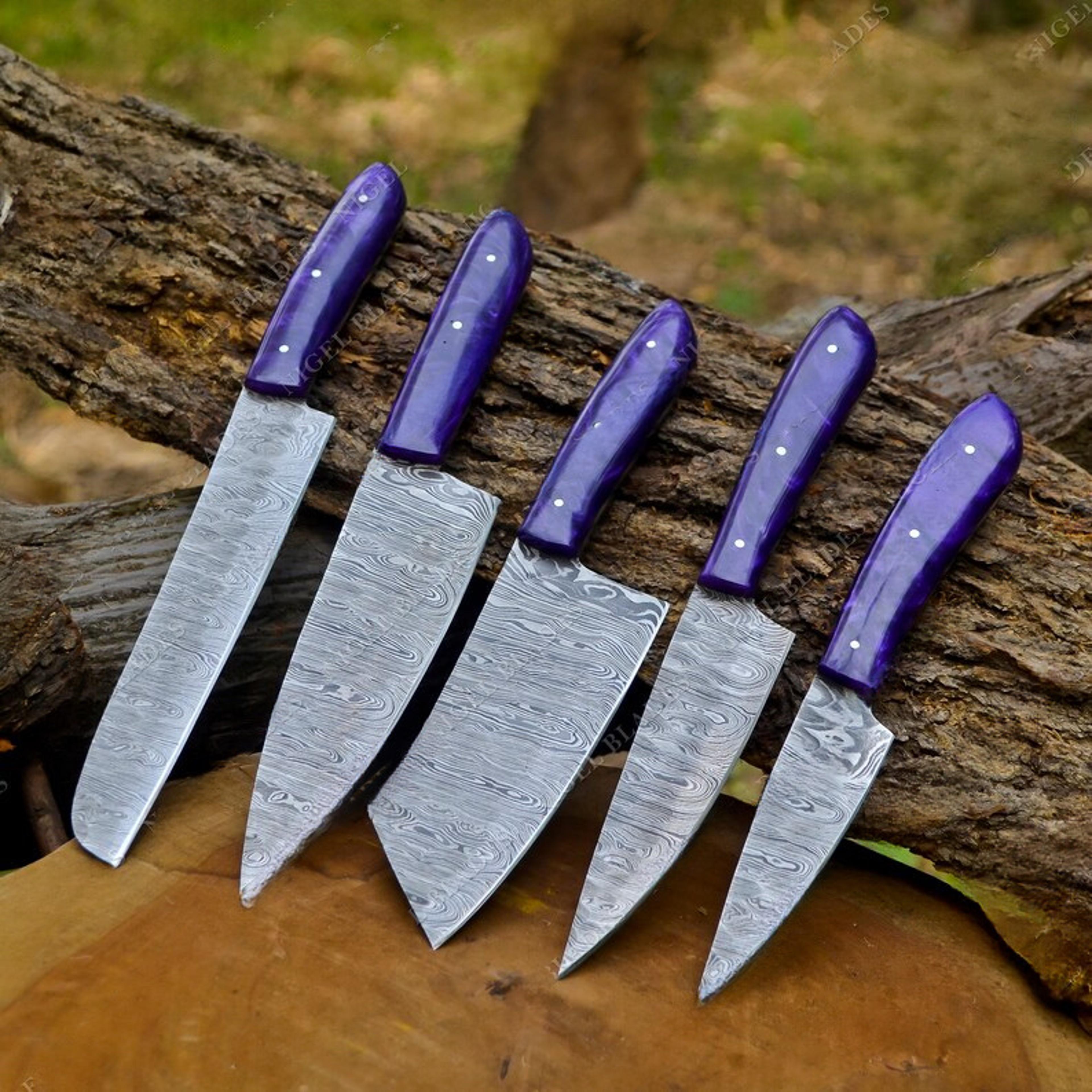 forged damacus steel chef knives set , kitchen knives , handmade knives set , santoku knife , anniversary gift