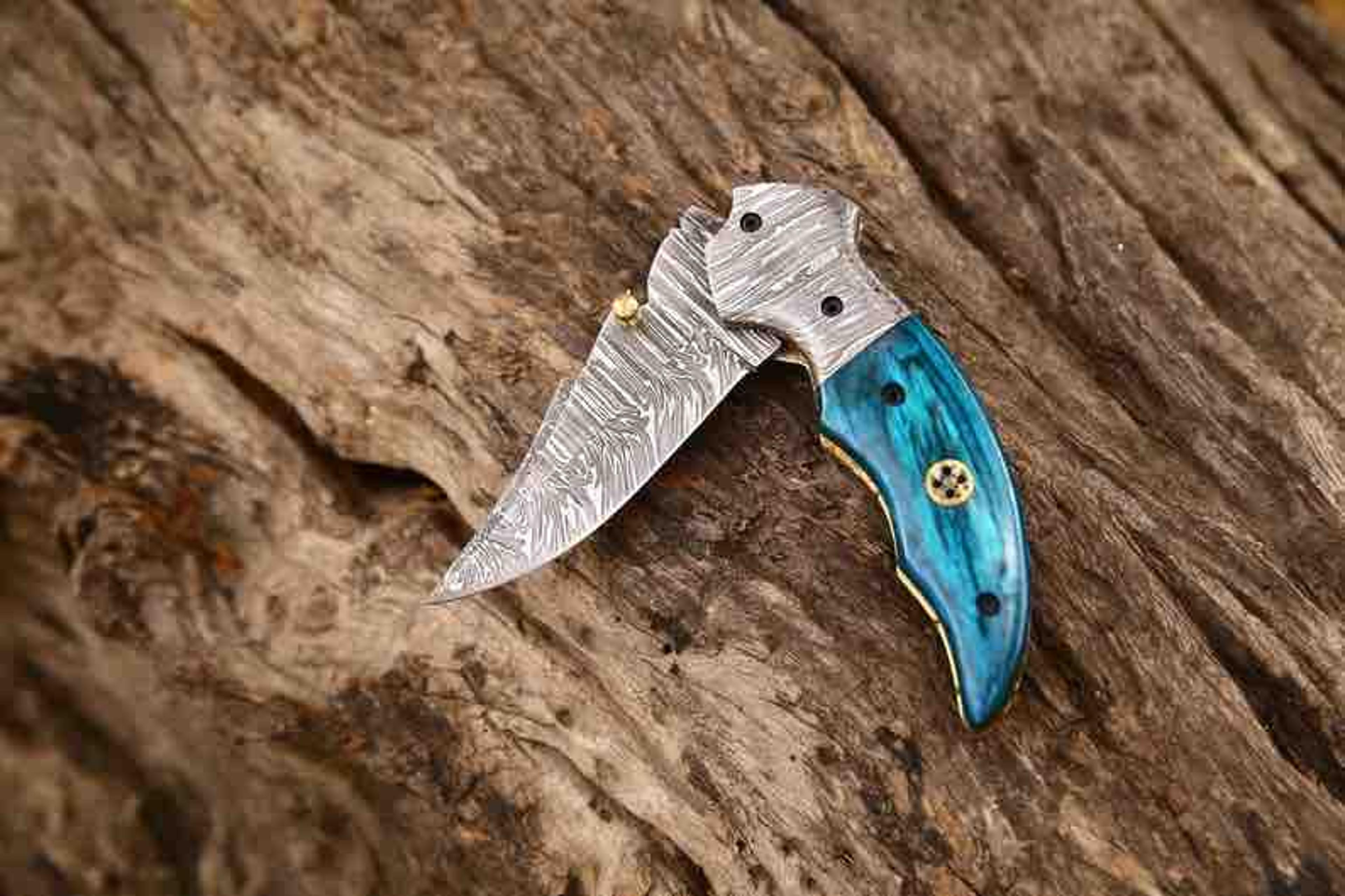 best christmas gift for boyfriend , folding pocket damascus steel knife with leather sheath , anniversary gift