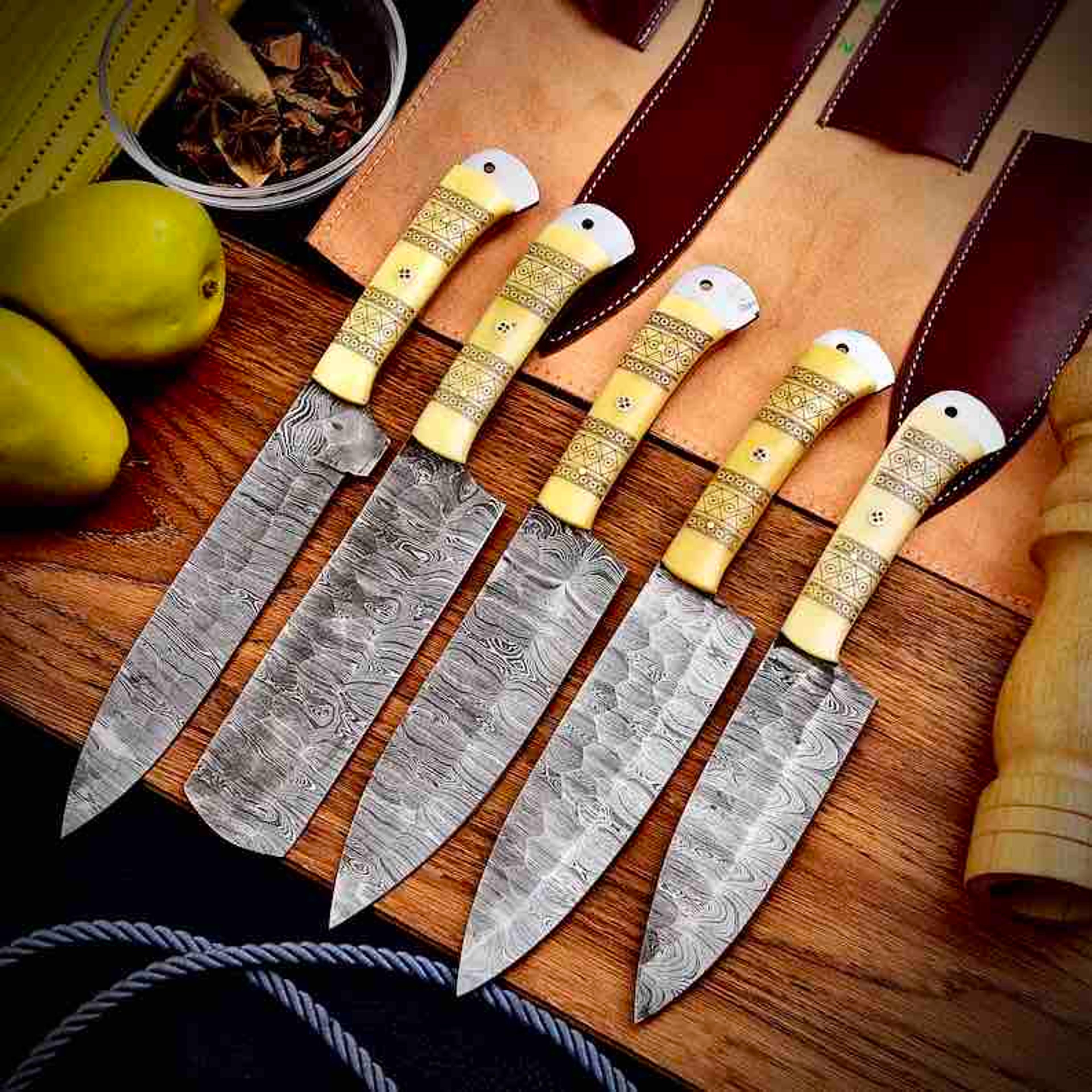 chef knives set , forged damascus kitchen knives set , handmade culinary knife set , anniversary gift for her