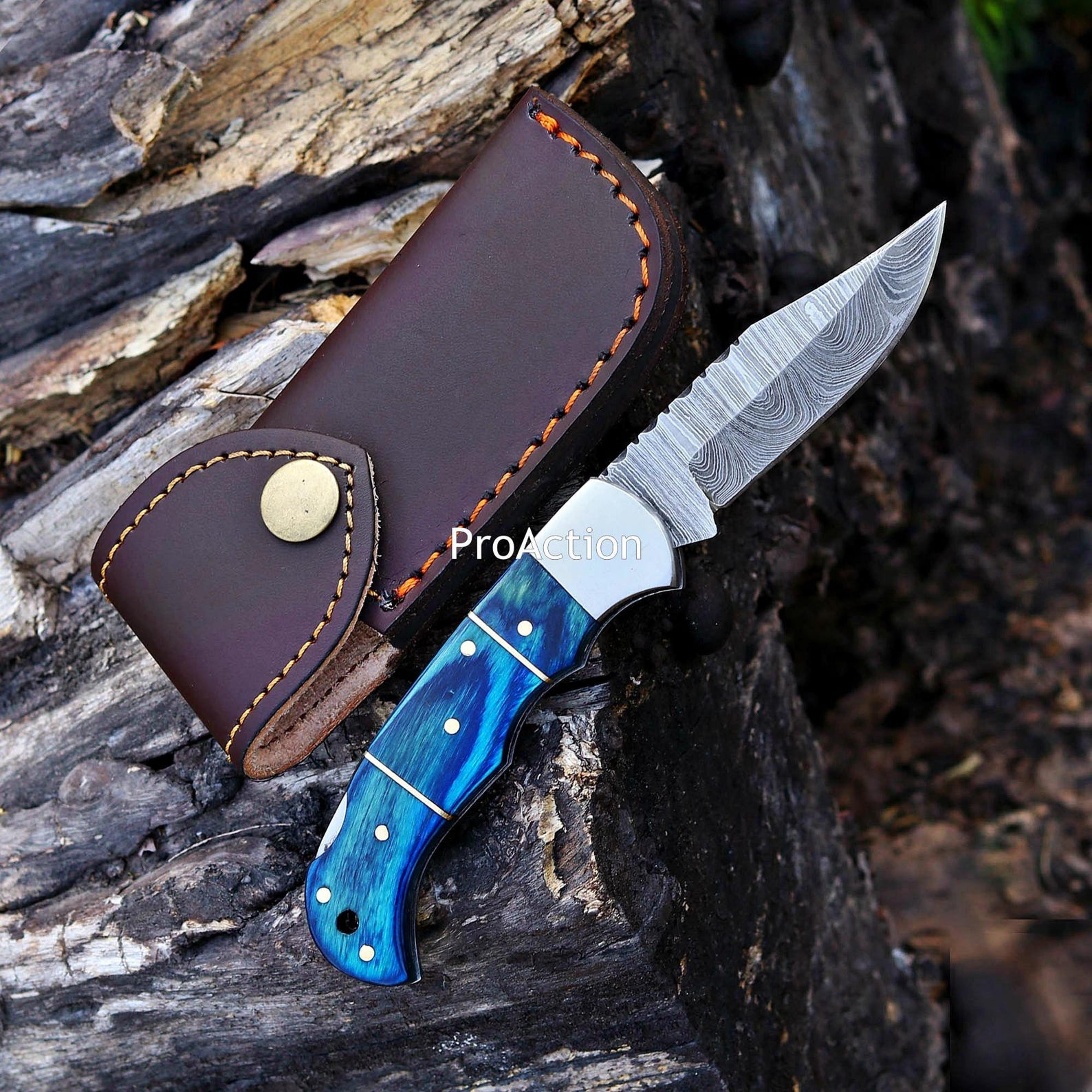 unique handmade damascus steel folding pocket knife with olive wood handle and leather sheath