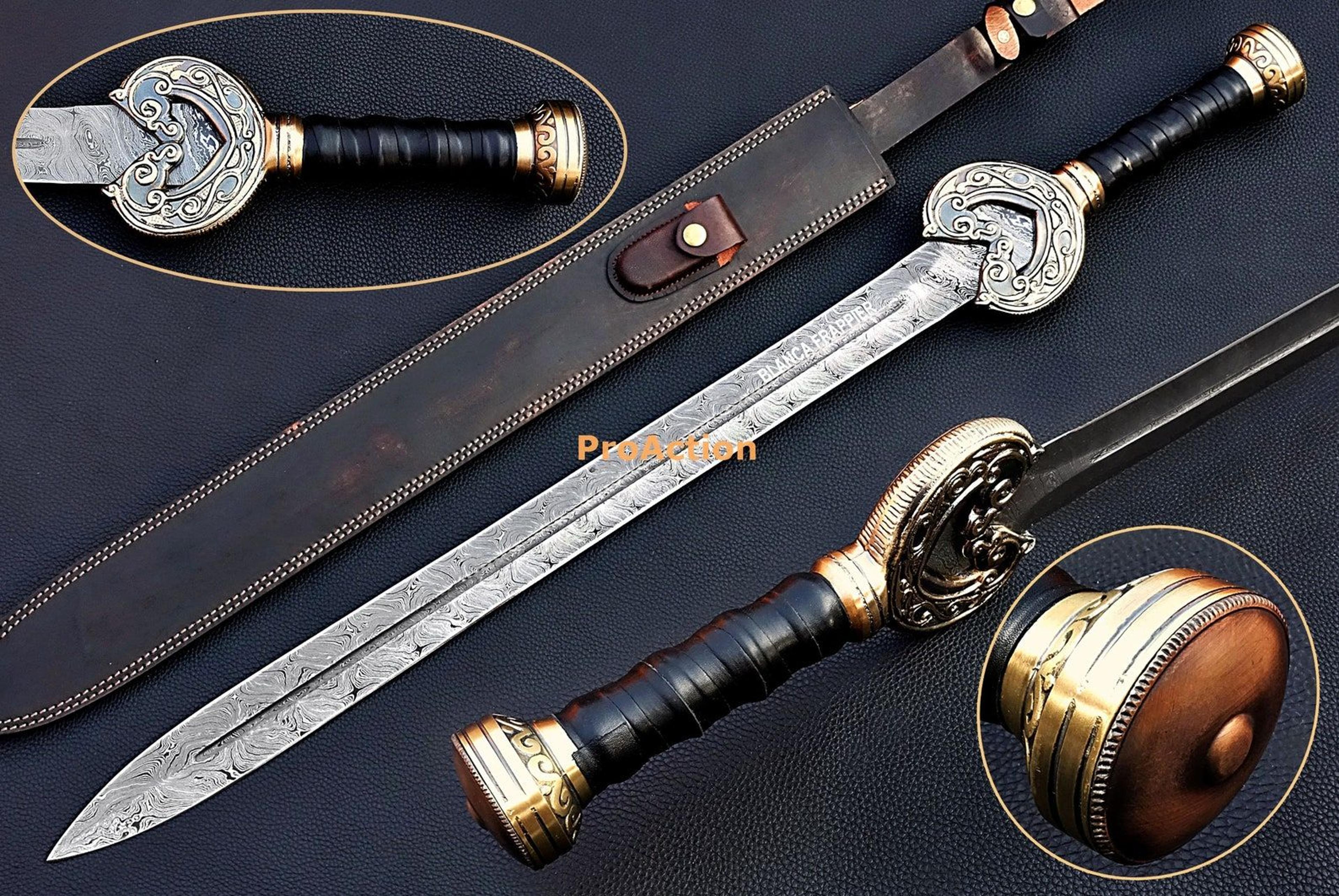 elegant damascus master sword - roman short viking sword with leather sheath - perfect gift for him, boyfriend,