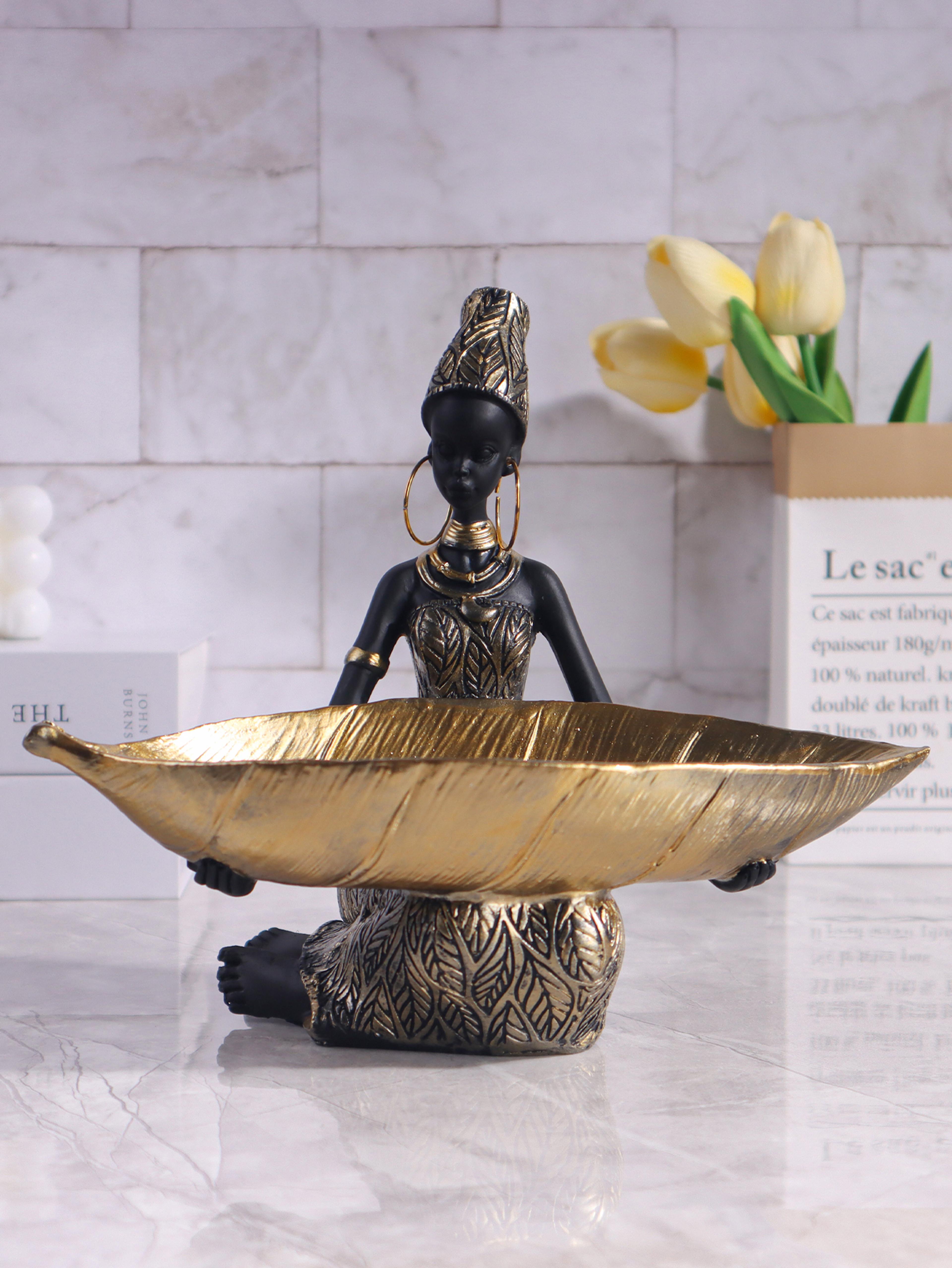african girl holding a plate sculpture for home and office, vintage decorative storage ornament & collectible craft
