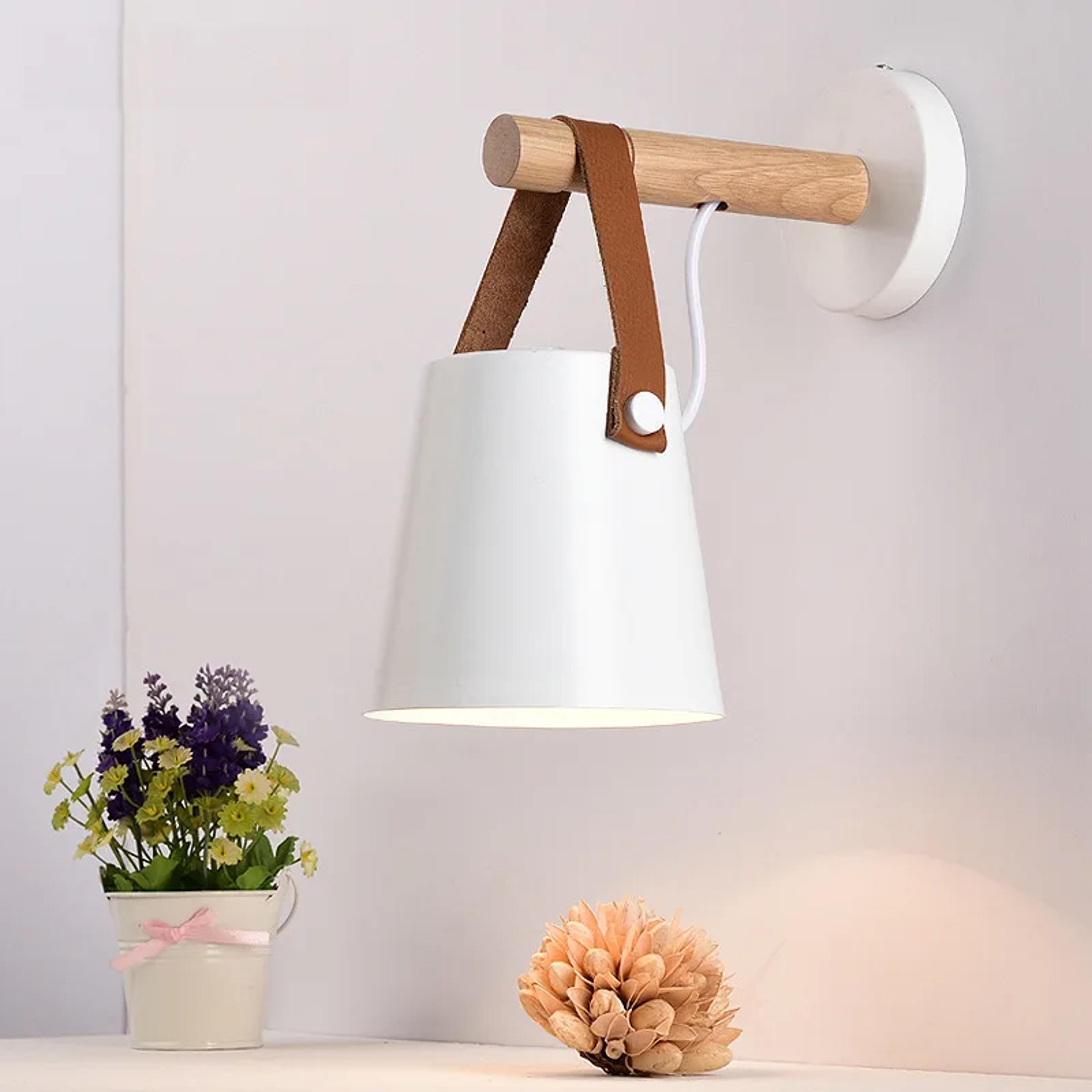 hot modern wall lamp, wood, iron led sconce for bedroom, study, or hallway leather accent reading light for indoor decor