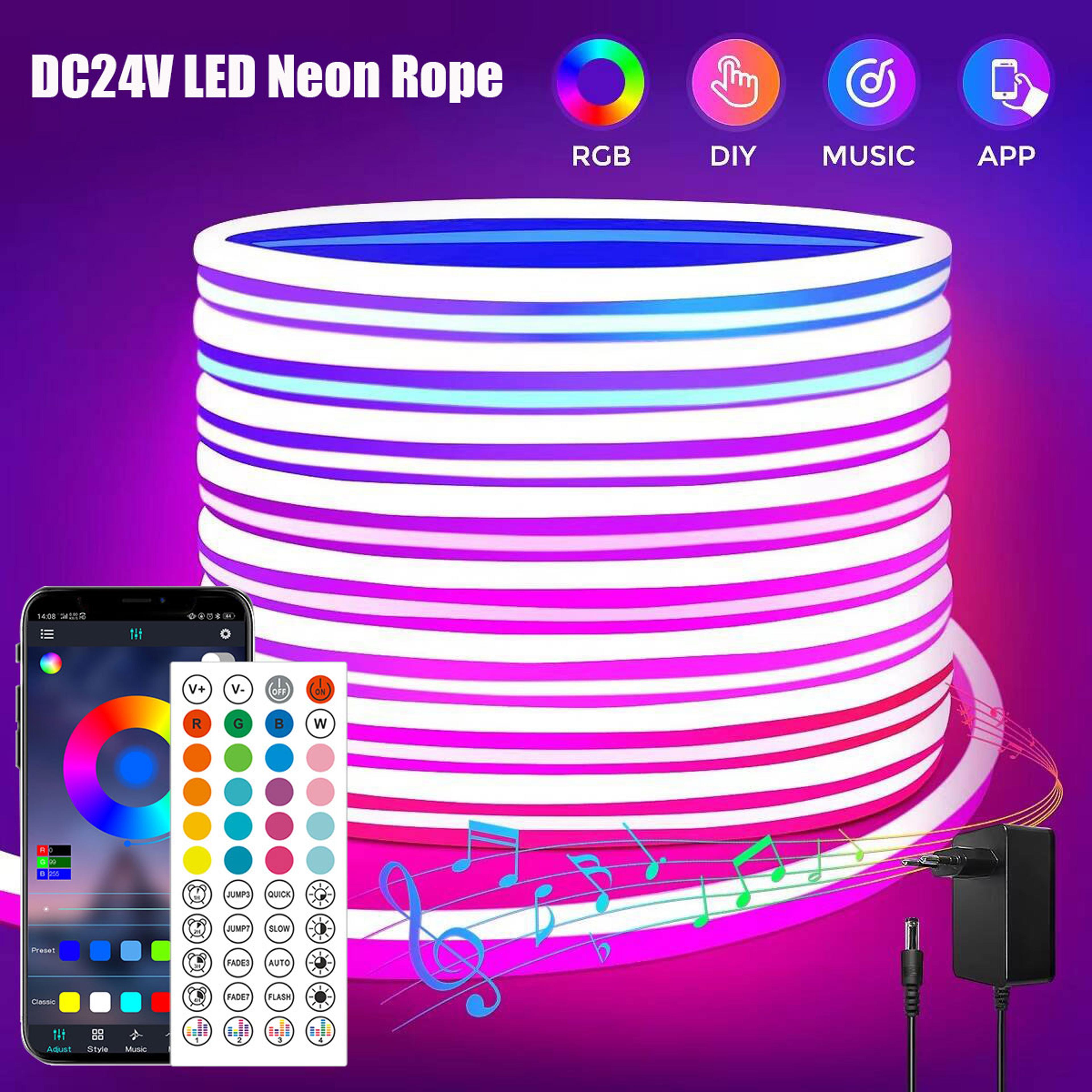 24v rgb neon led lights strip, flexible bluetooth app-controlled tape for wall, childrens room, more