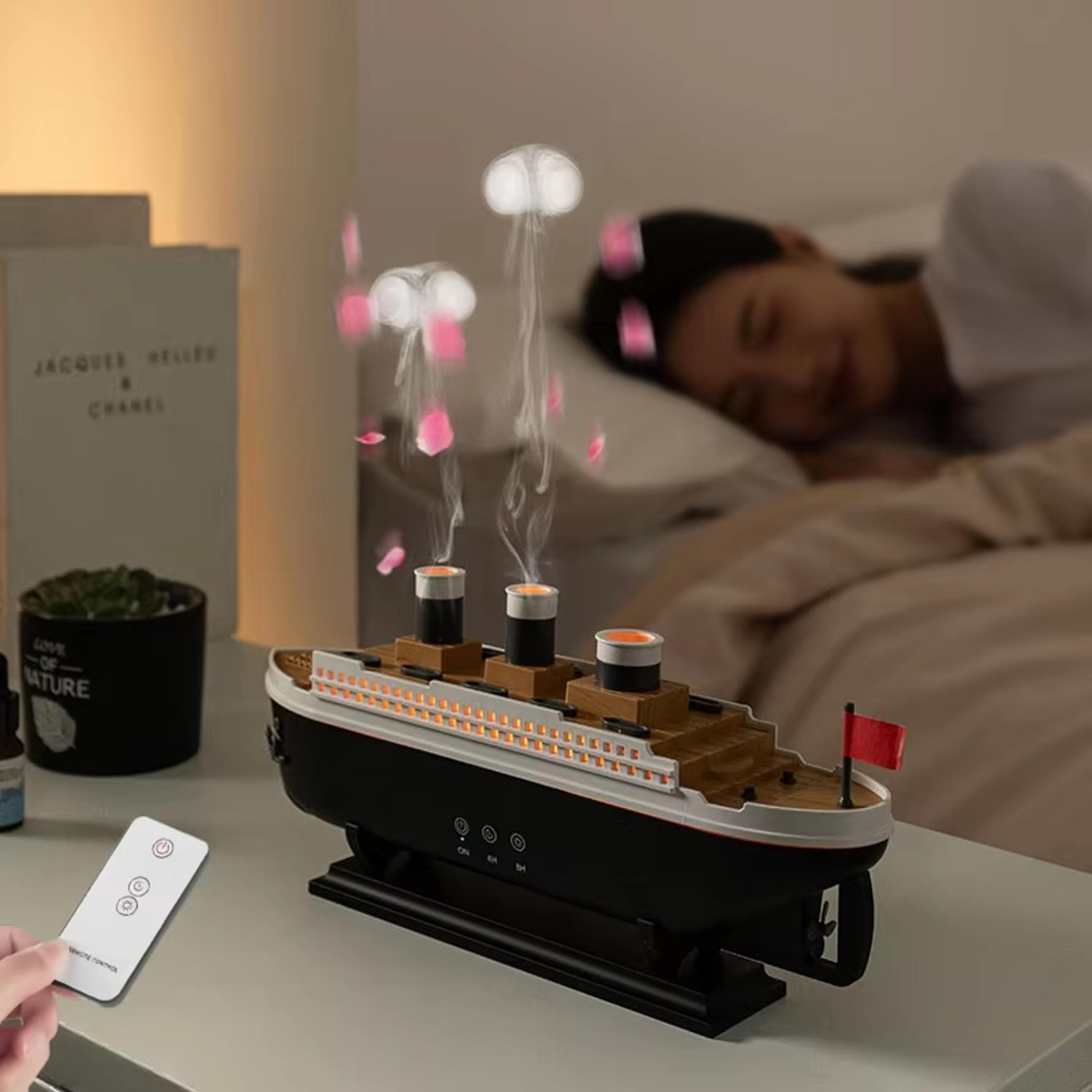 titanic ship model air humidifier, remote control essential oil diffuser with jellyfish smoke ring spray & home aroma