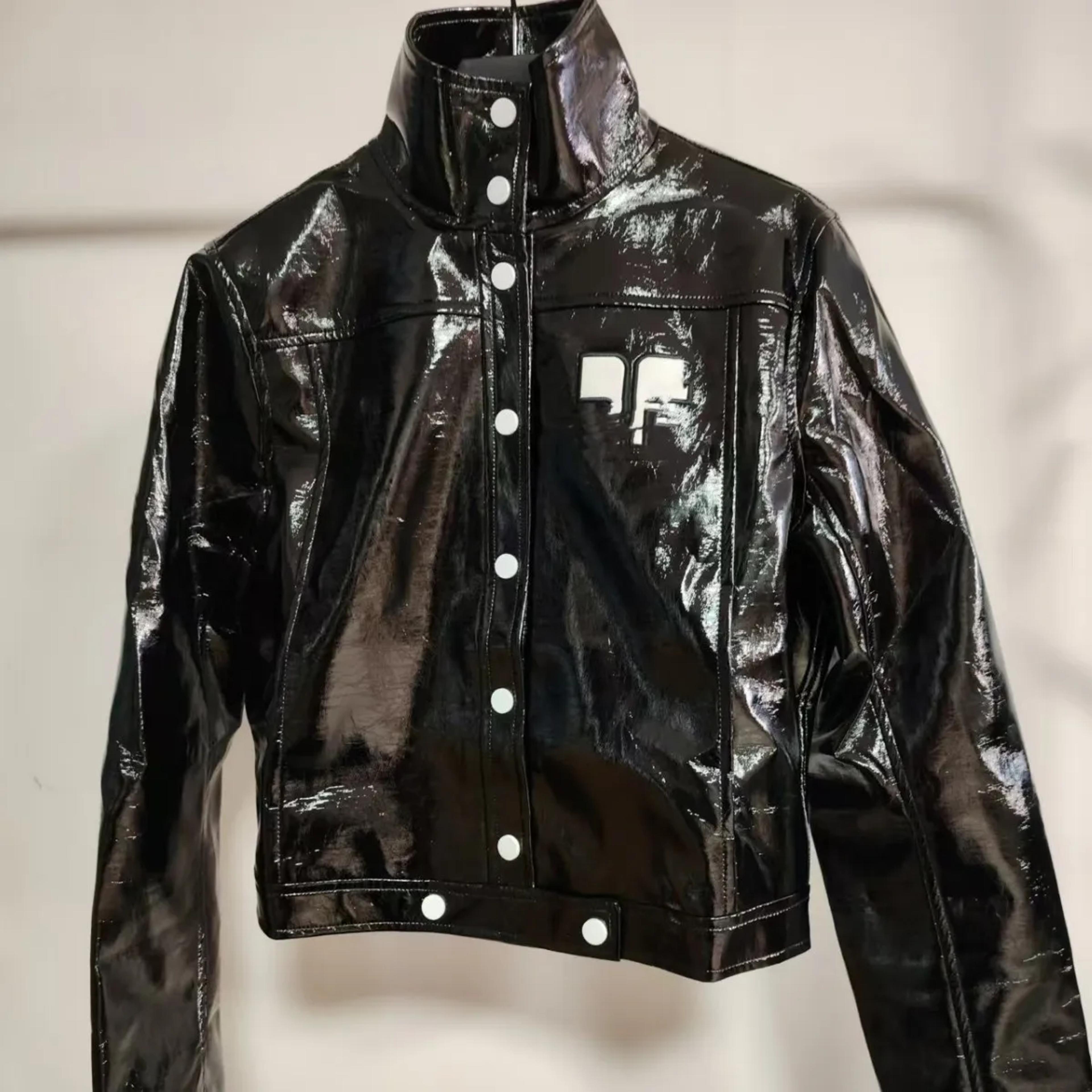 luxury french classic logo embossed pu texture shiny leather moto jacket, trendy short coat with flip collar outerwear