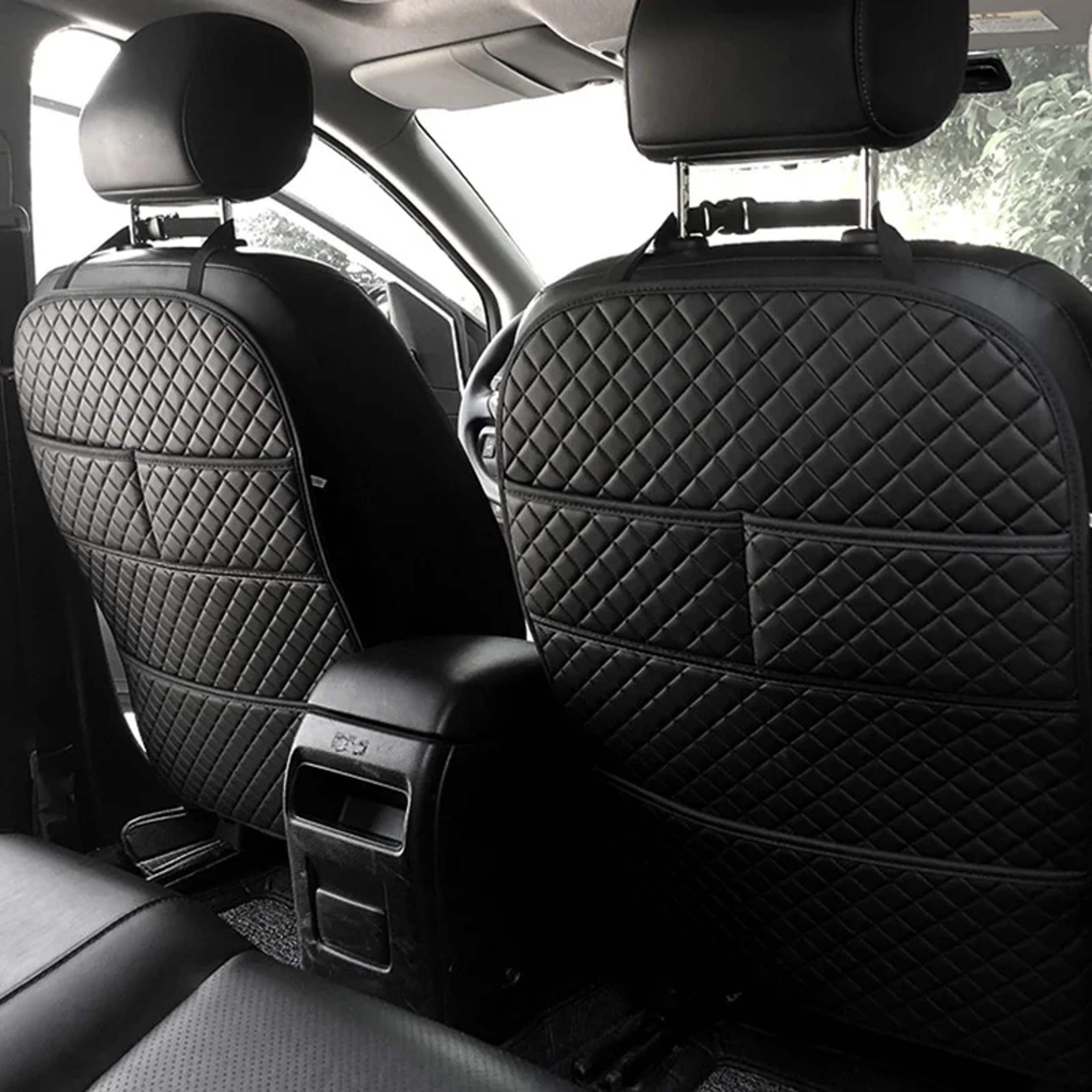 universal car anti kicks pad leather seat back protector, waterproof backseat kick mats with organizer pocket for kids