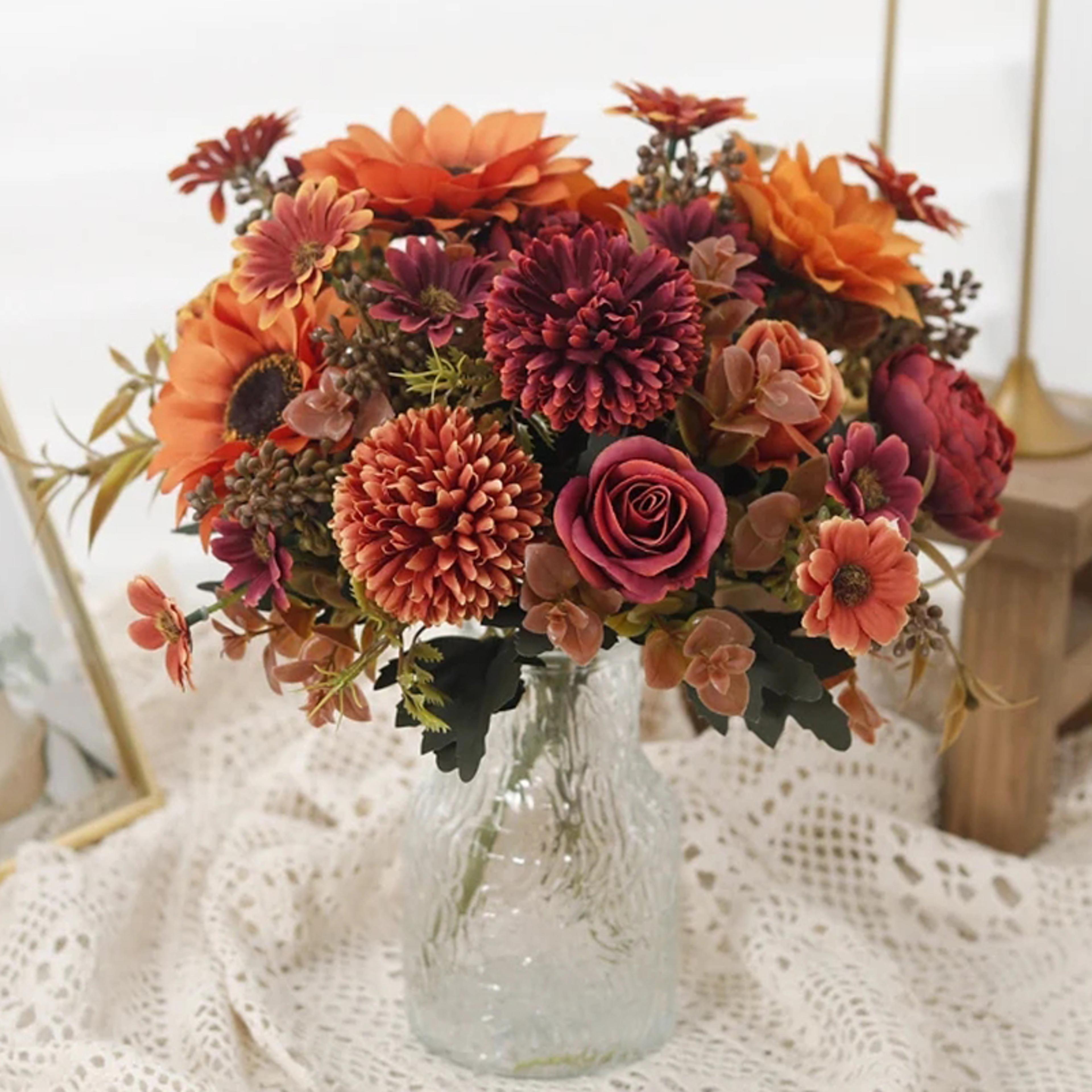 rose artificial dandelion flowers bridal bouquet fake floral garden wedding party living room home table autumn