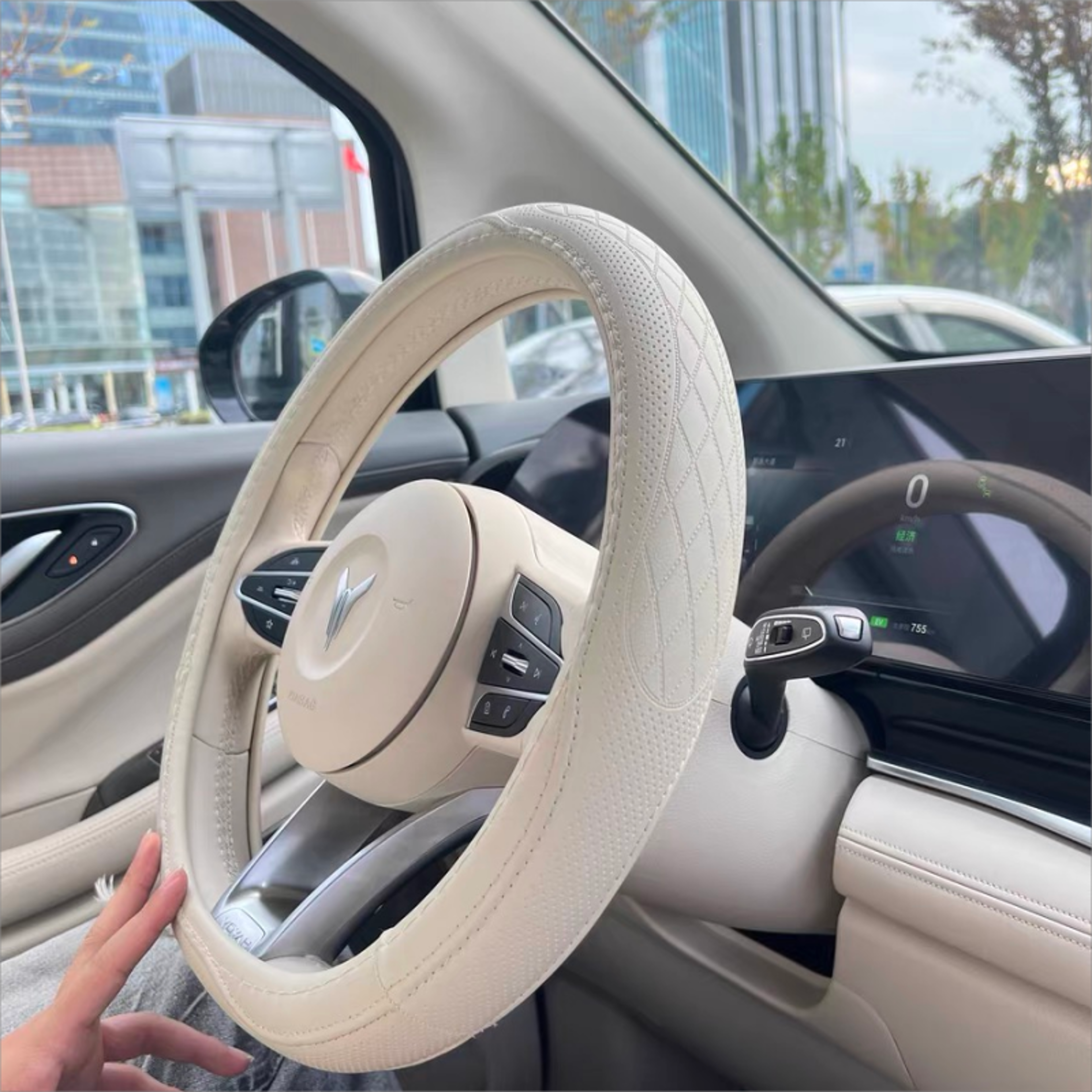 premium napa leather perforated patchwork car steering wheel cover, non-slip, breathable, universal auto interior