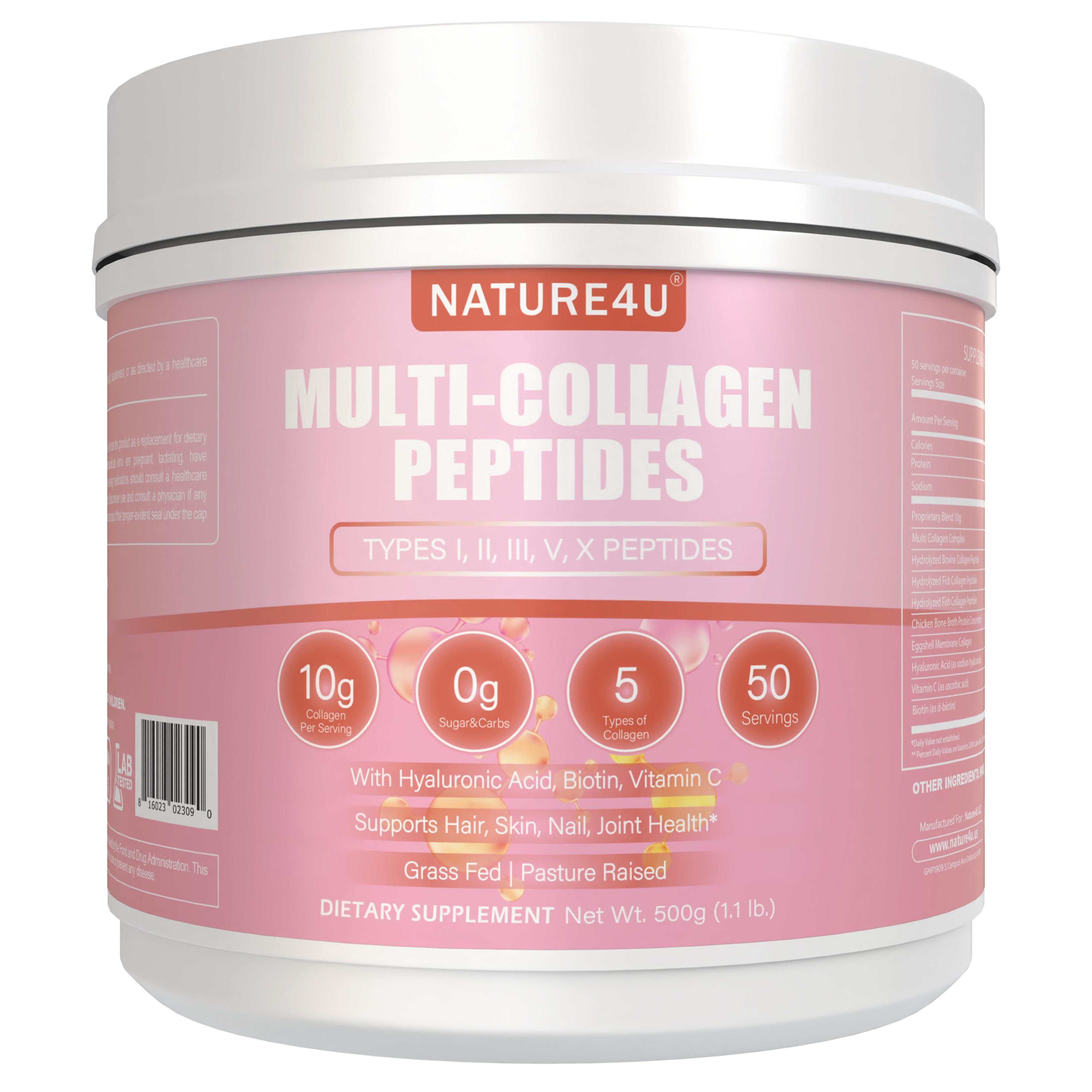 nature4u multi collagen peptides powder with biotin, hyaluronic acid, vitamin c, 10g dose for healthy hair, skin, nail