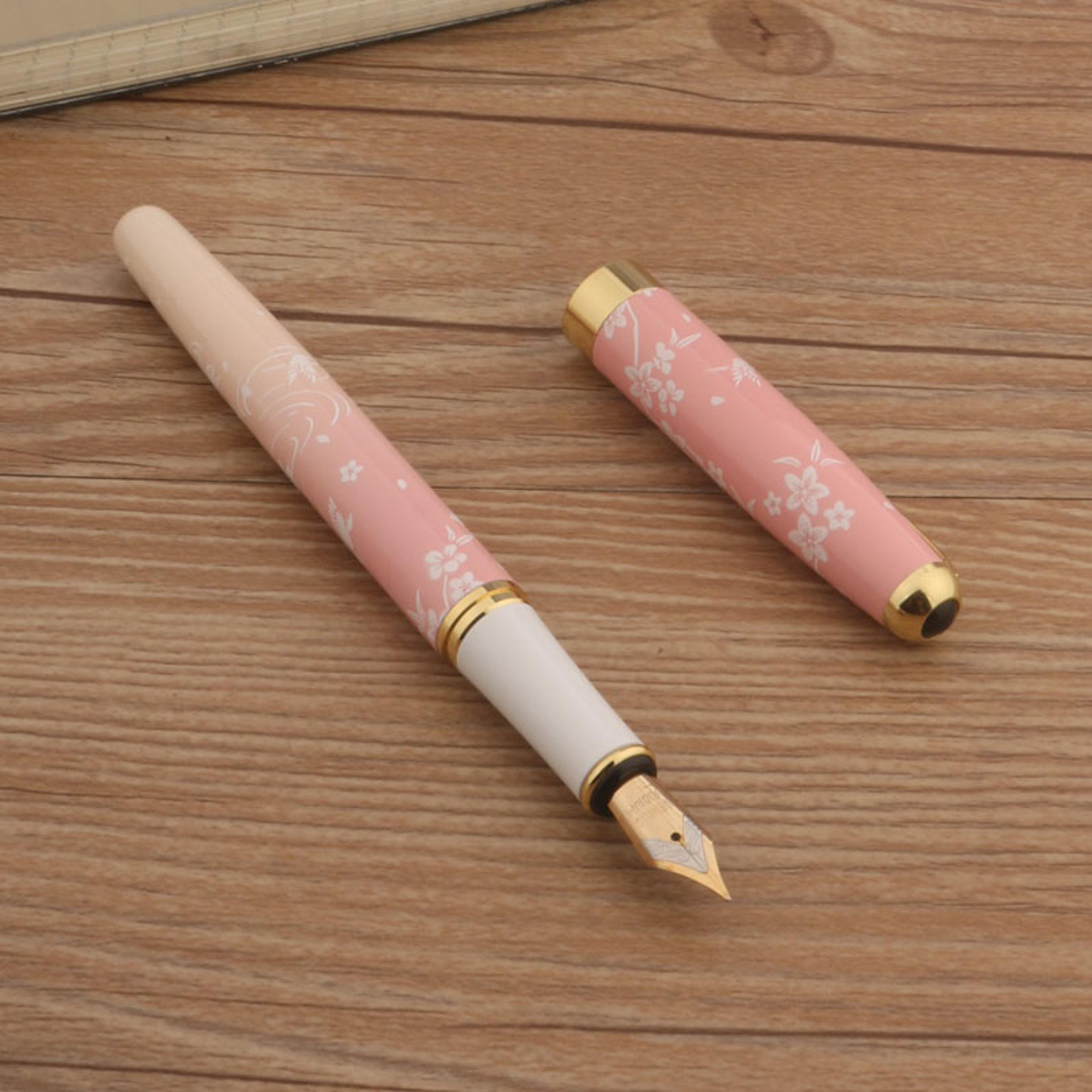 luxury pen with ink metal fountain pen pink flowers f nib, professional office & school supplies gift set