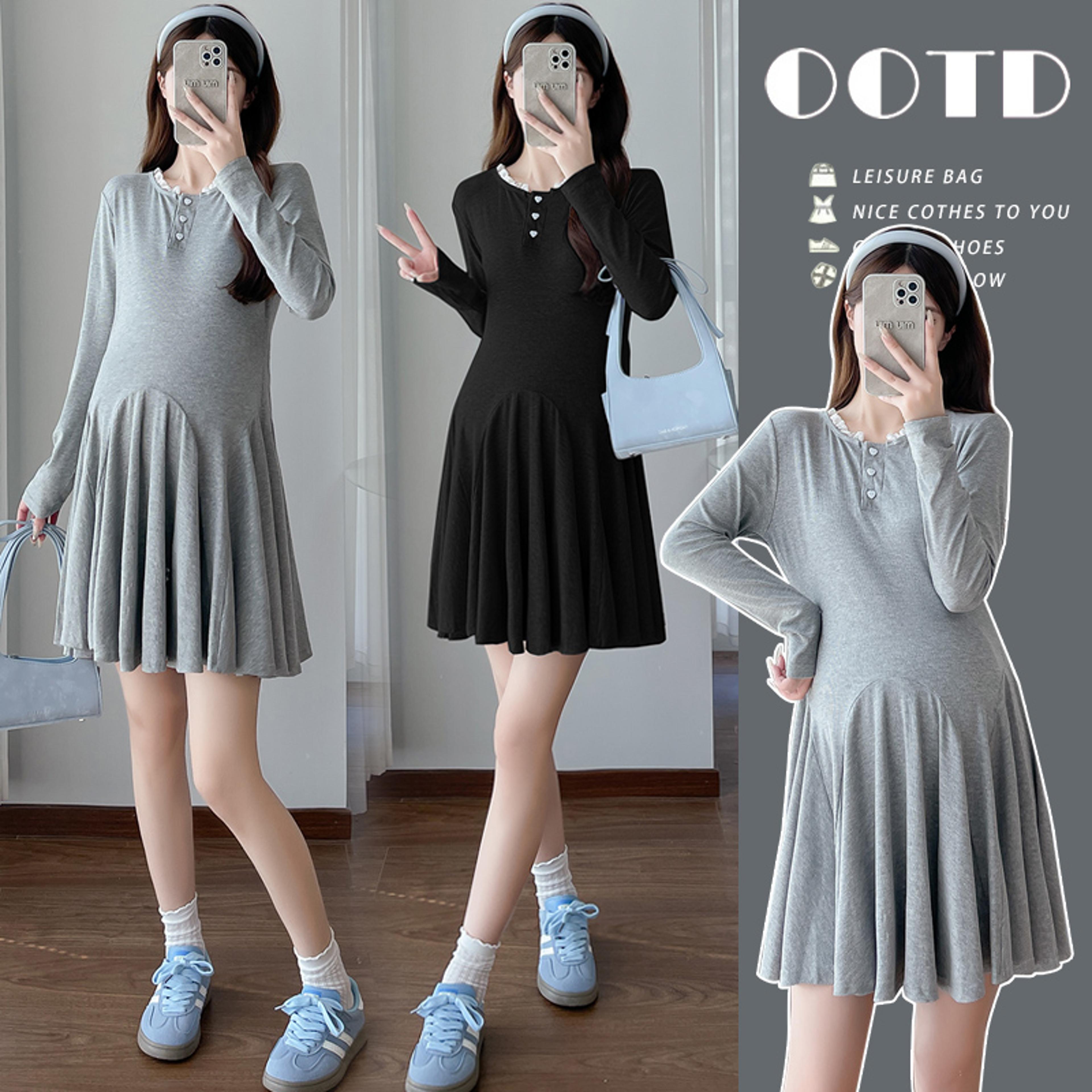 elegant korean style maternity dress, a-line pleated design long sleeve lace pregnant dress for women