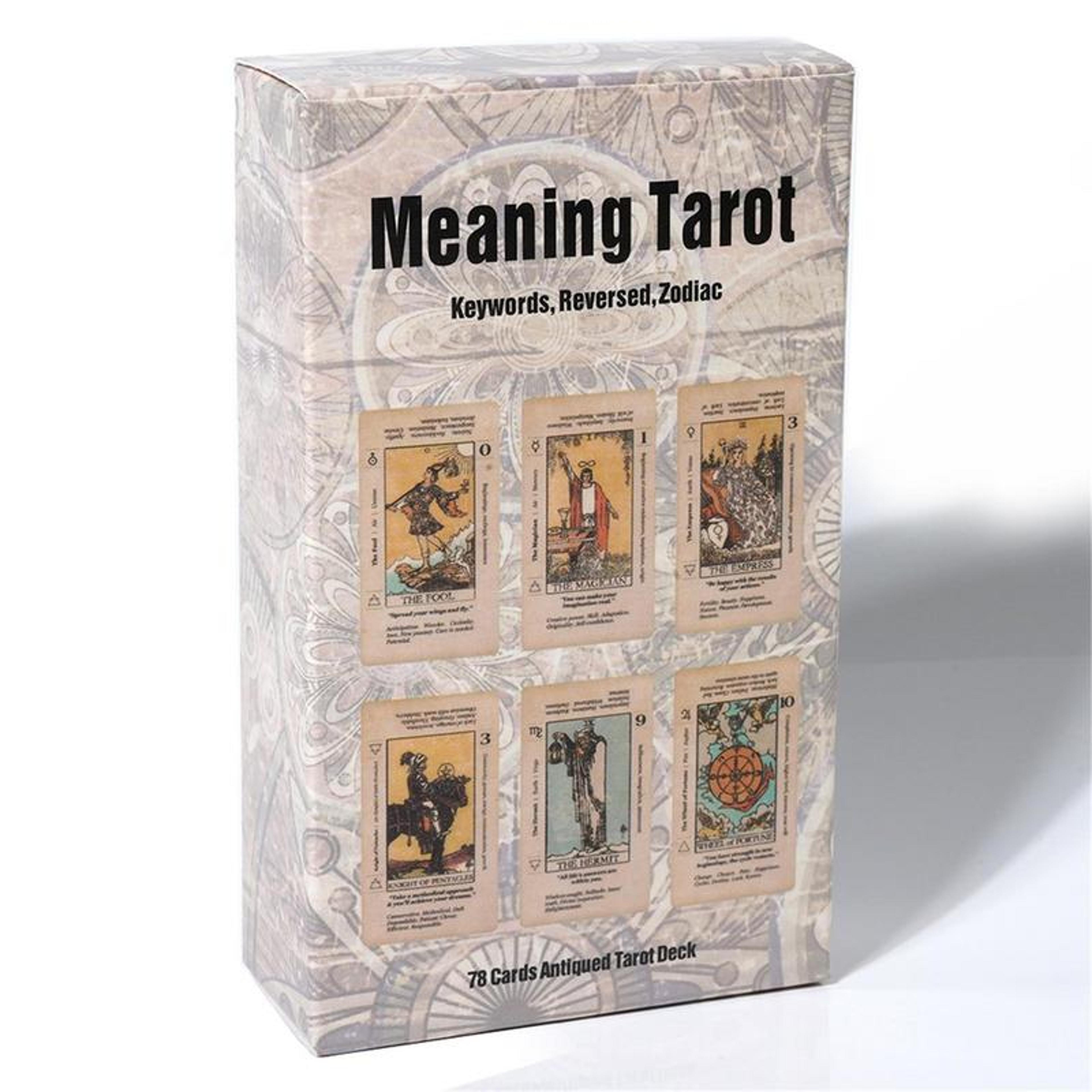 beginner tarot deck, tarot card with meaning on them, antiqued tarot keyword cards, learn tarot with cards