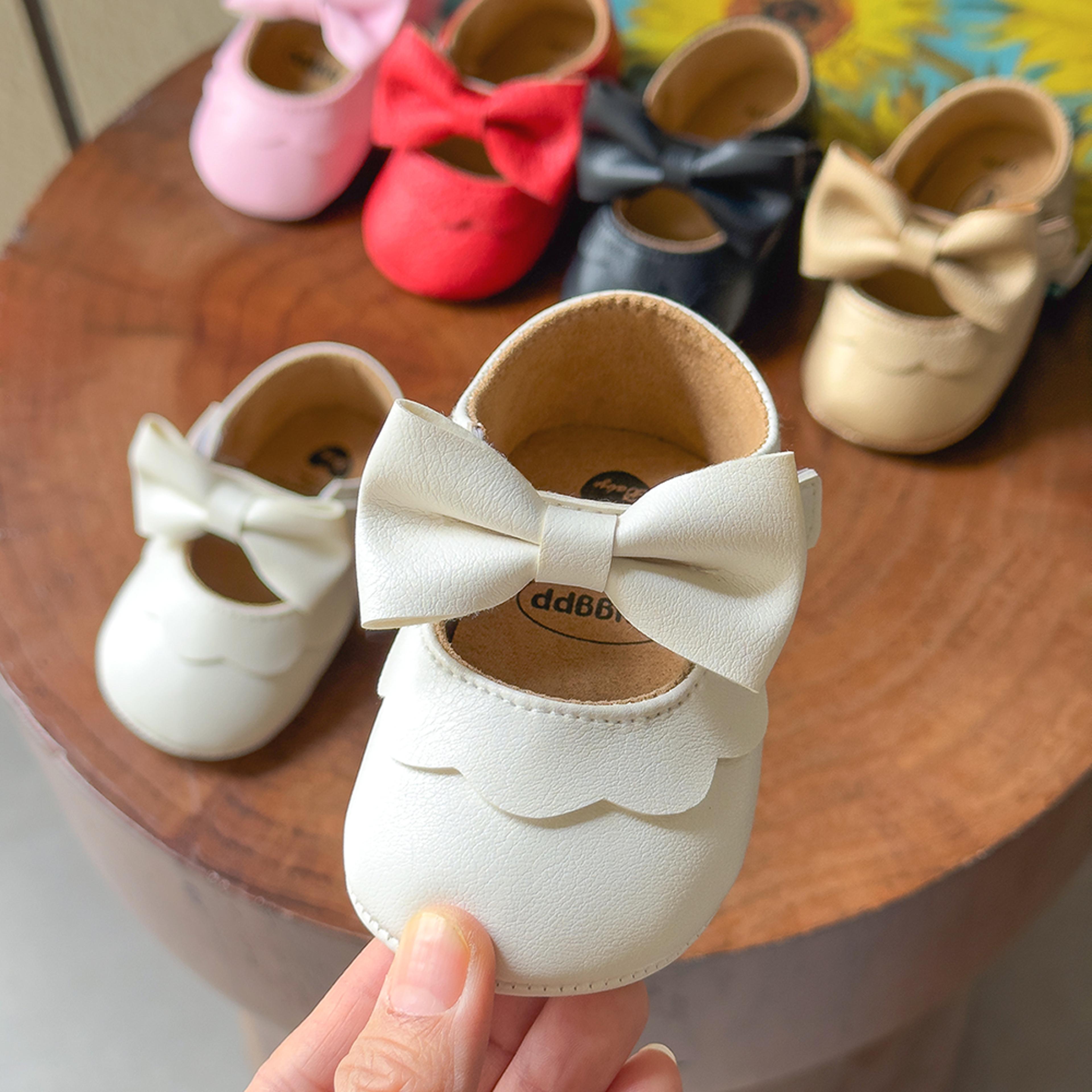 baby casual shoes infant toddler bowknot non-slip rubber soft-sole flat pu first walker mary janes with bow decor