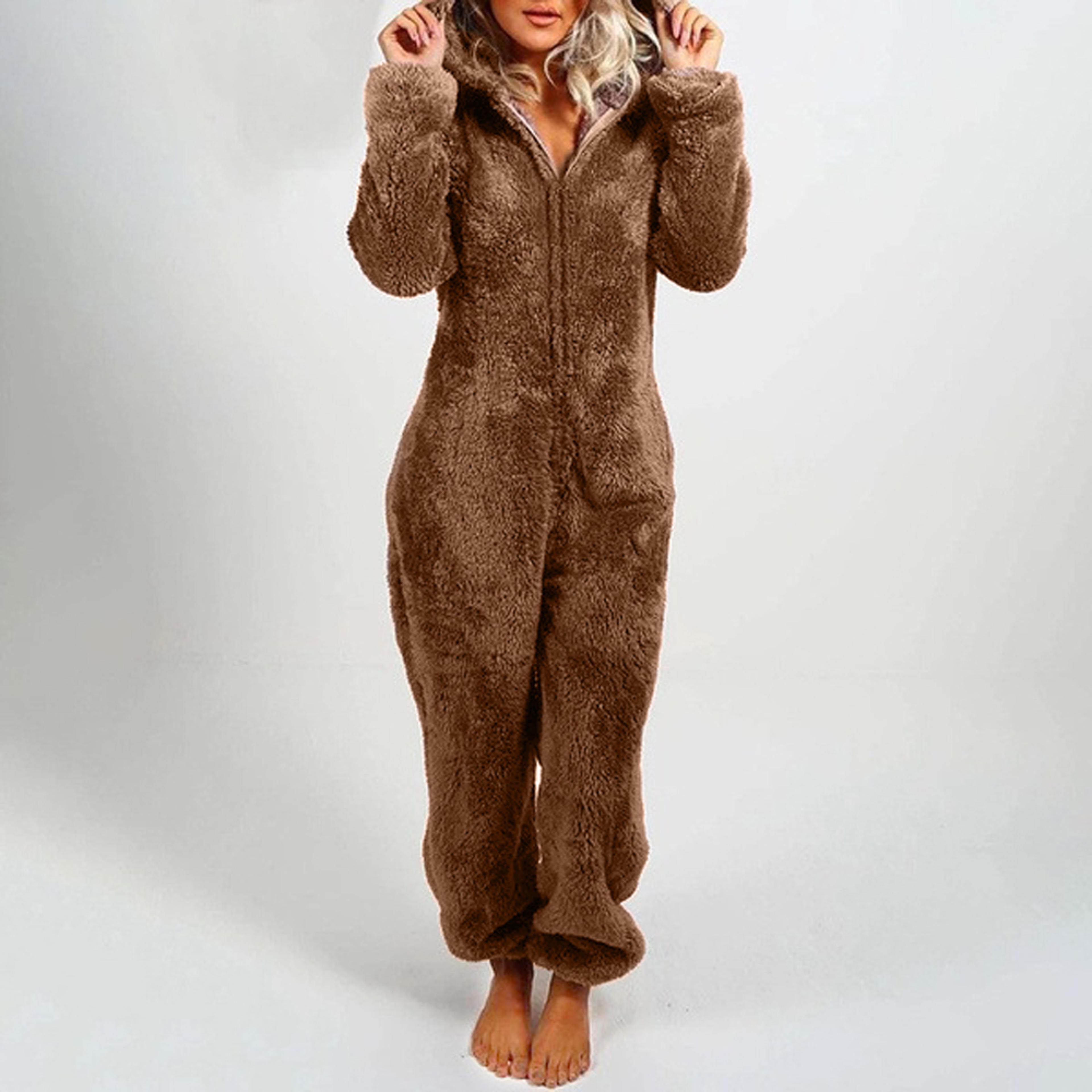 cozy womens plush romper pajamas, winter flannel sleepwear with hat, long sleeve zipper homewear for ultimate warmth