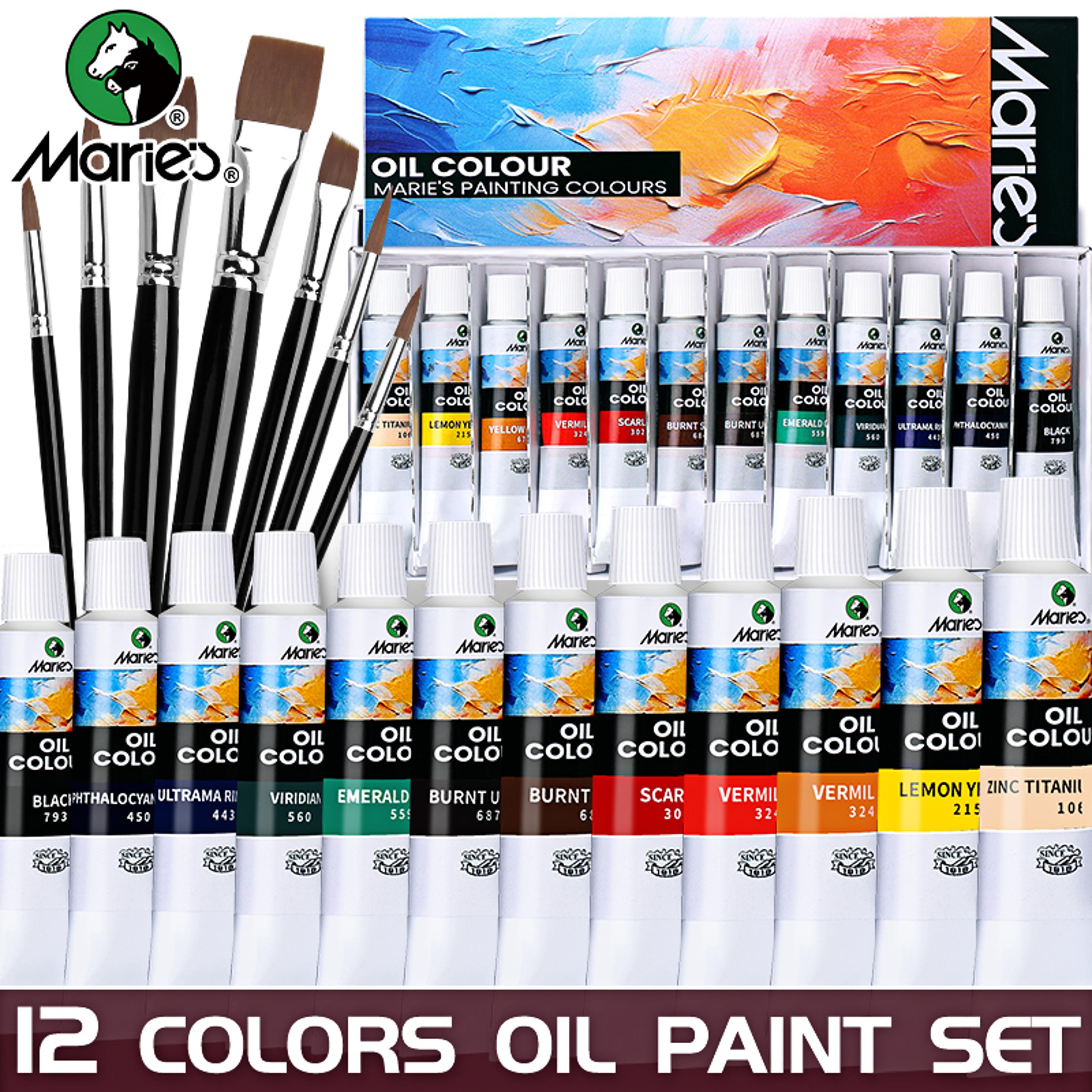 marie's oil paint kit, 19 piece set with 12 vibrant colors, 7 brushes, ideal oil painting set for beginners and crafters