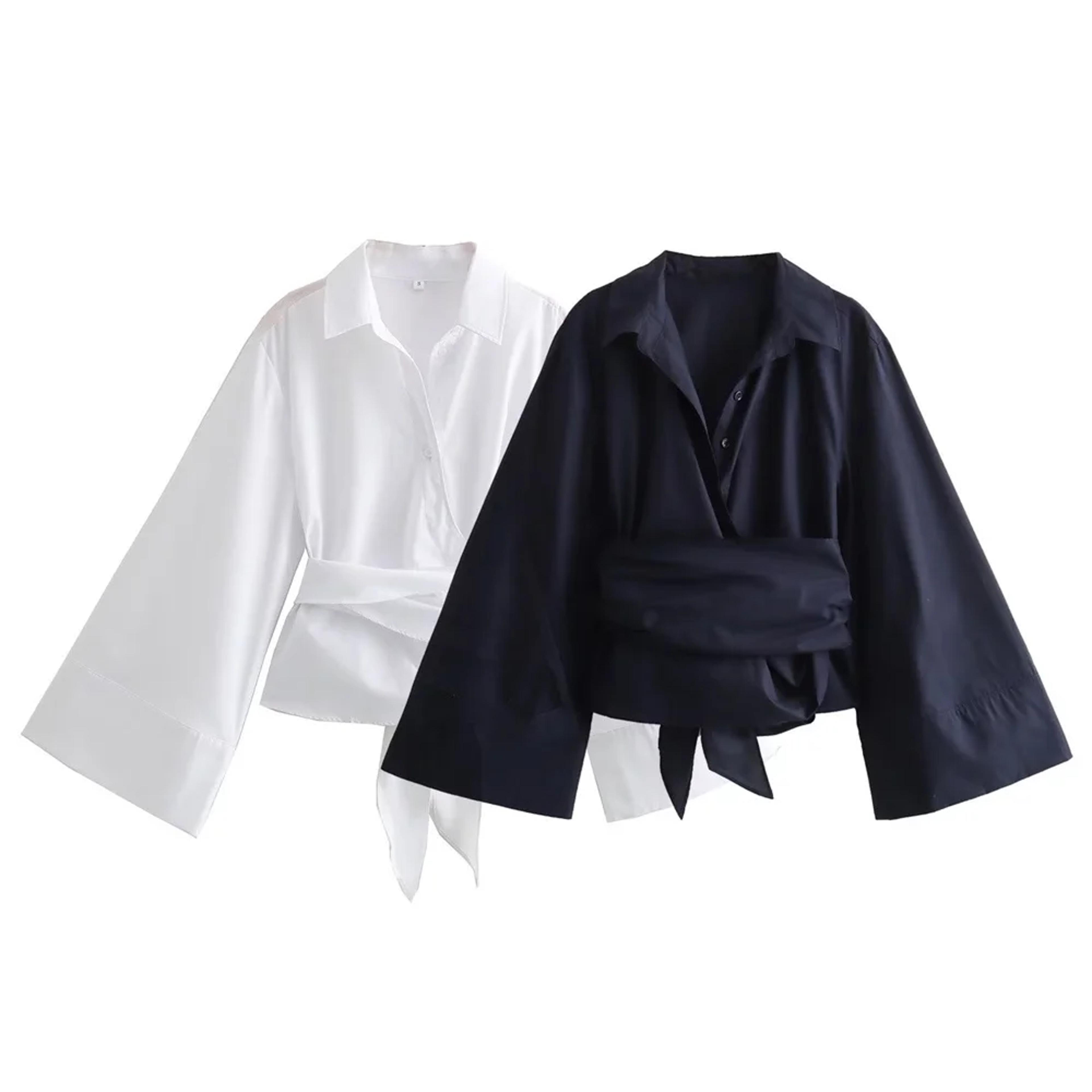 new women's fashion poplin shirt, short sleeve polo neck top, casual double breasted style with bow tie