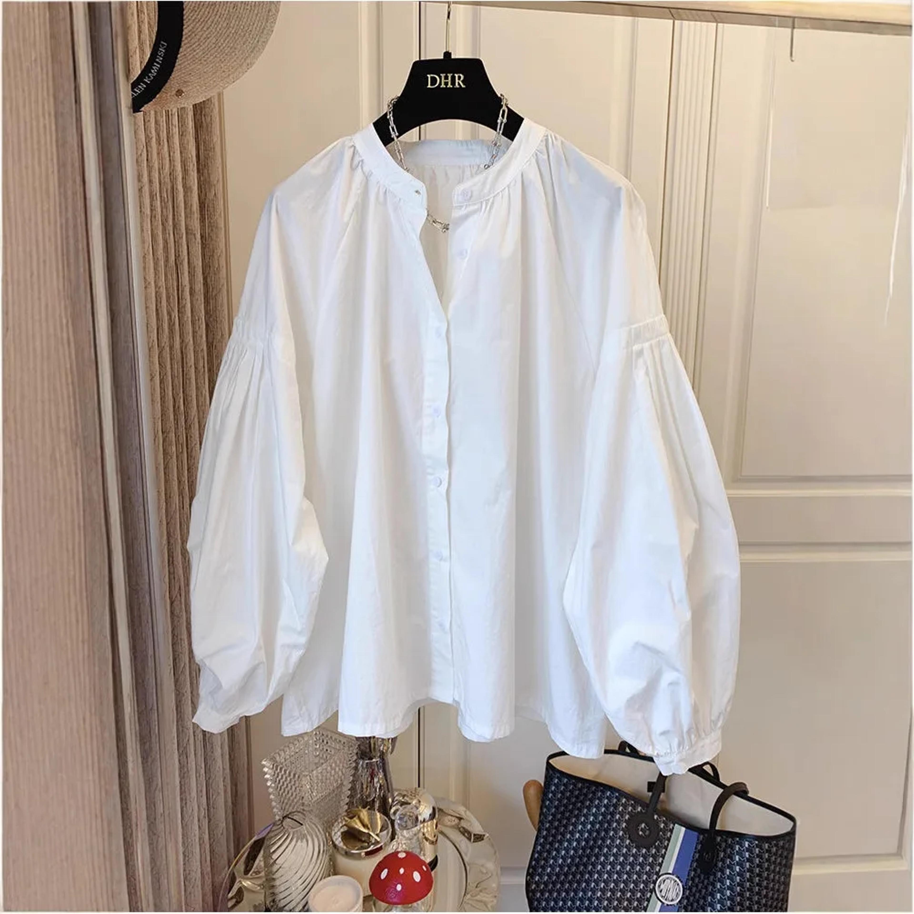 chic stand collar shirt, women's casual loose design button up top with retro lantern sleeves