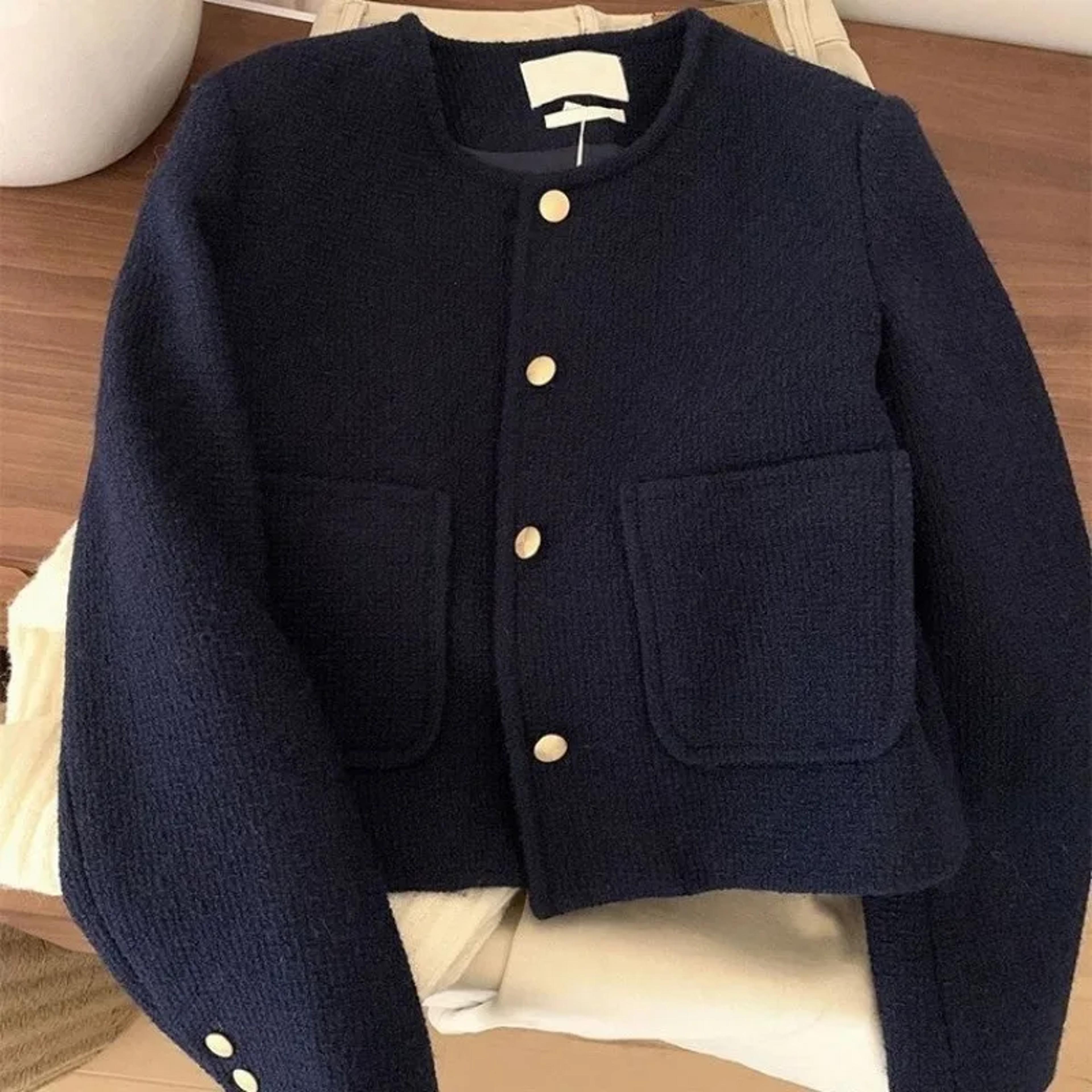 vintage style tweed jacket, purplish blue french elegance, round neck spring autumn outerwear