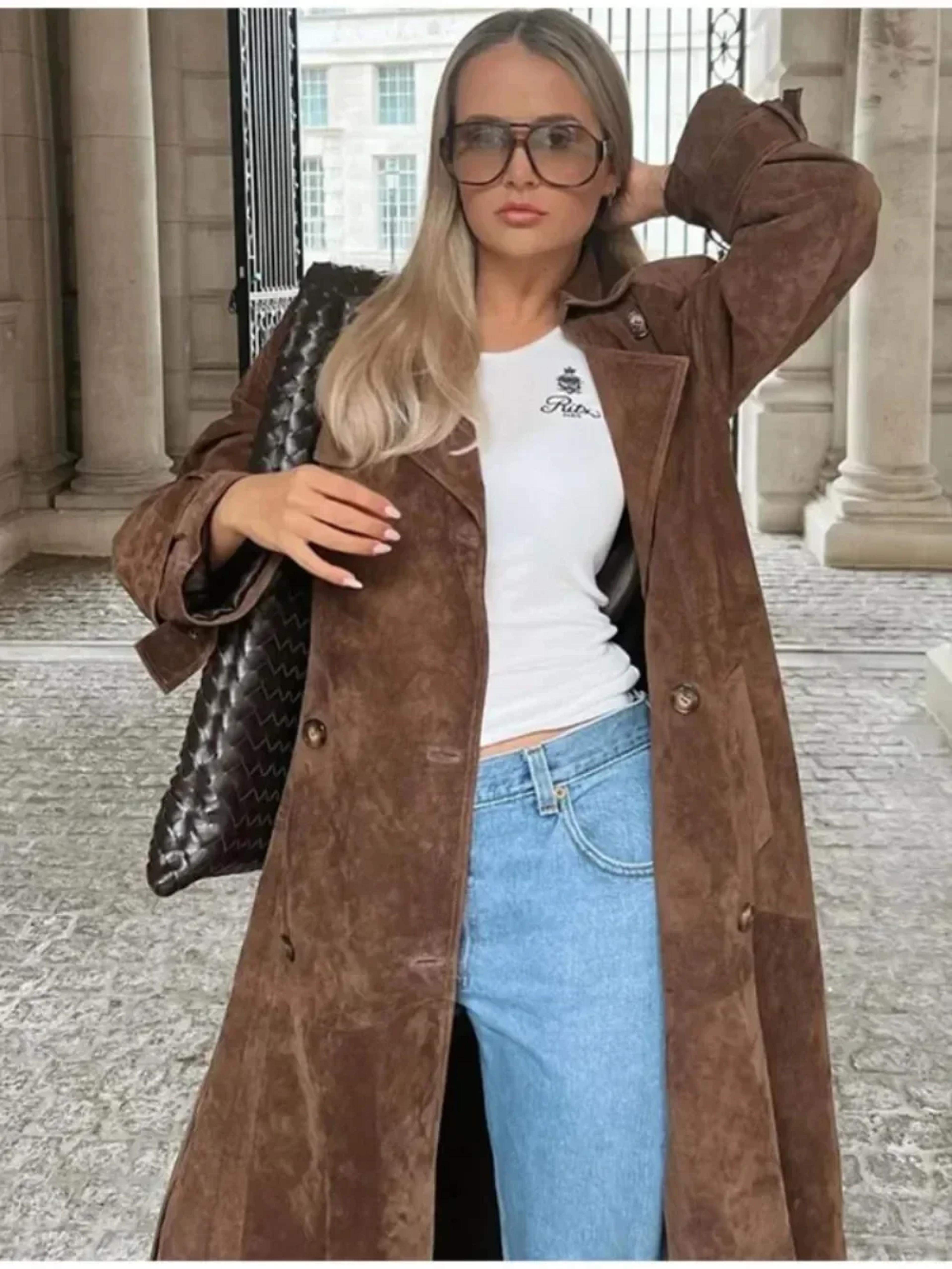 womens brown imitation deer fur coat, chic lapel, double breasted long sleeve windbreaker, high street autumn outwear
