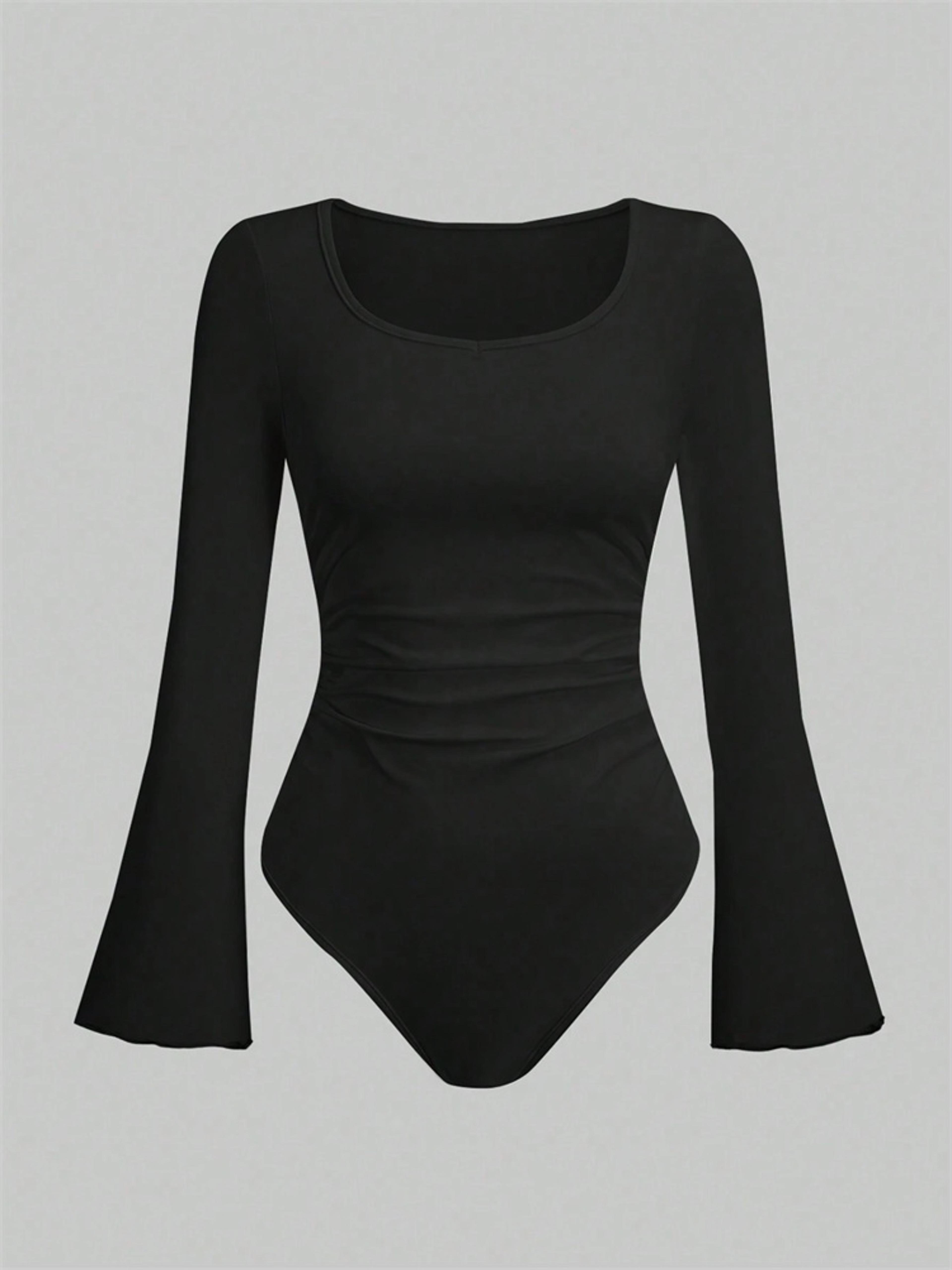 women's solid color bodysuit, casual long sleeve blouse, ruched flare jumpsuit for autumn winter streetwear