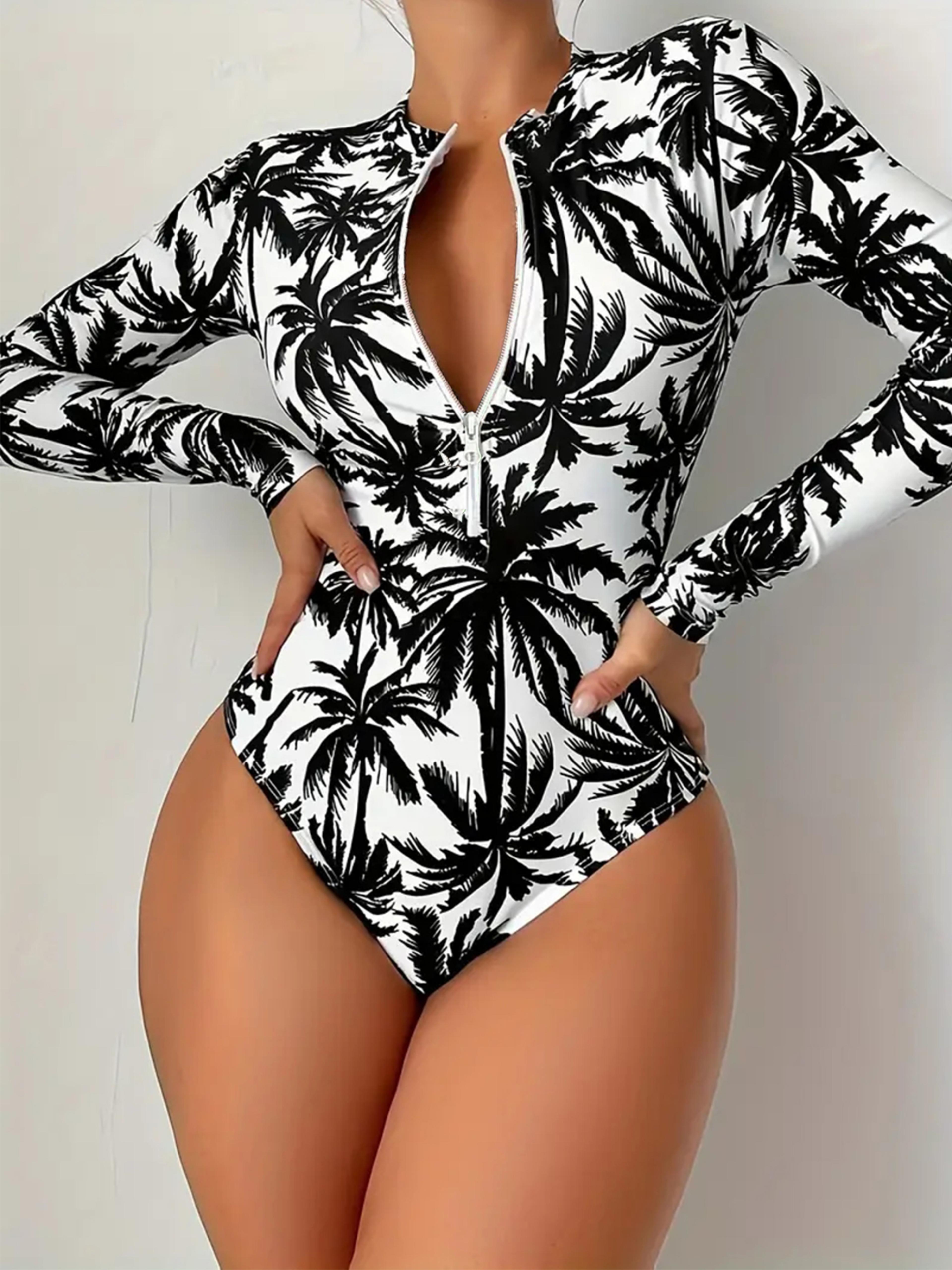 womens palm tree print swimsuit, sexy long sleeve bikini set, high stretch swimwear, black and white beach fashion