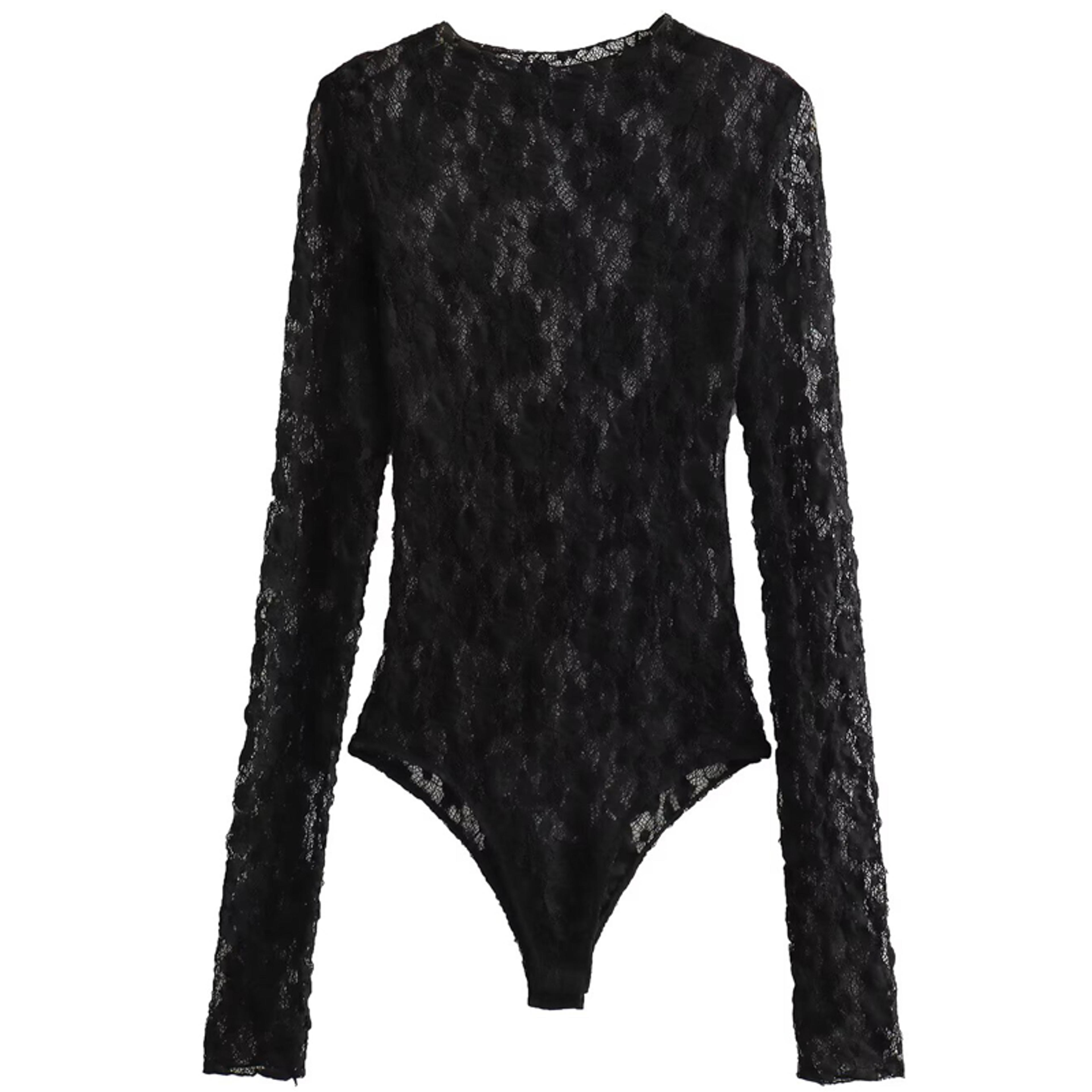 sexy black lace bodysuit for women, chic hollow out design, long sleeves, high spandex lingerie